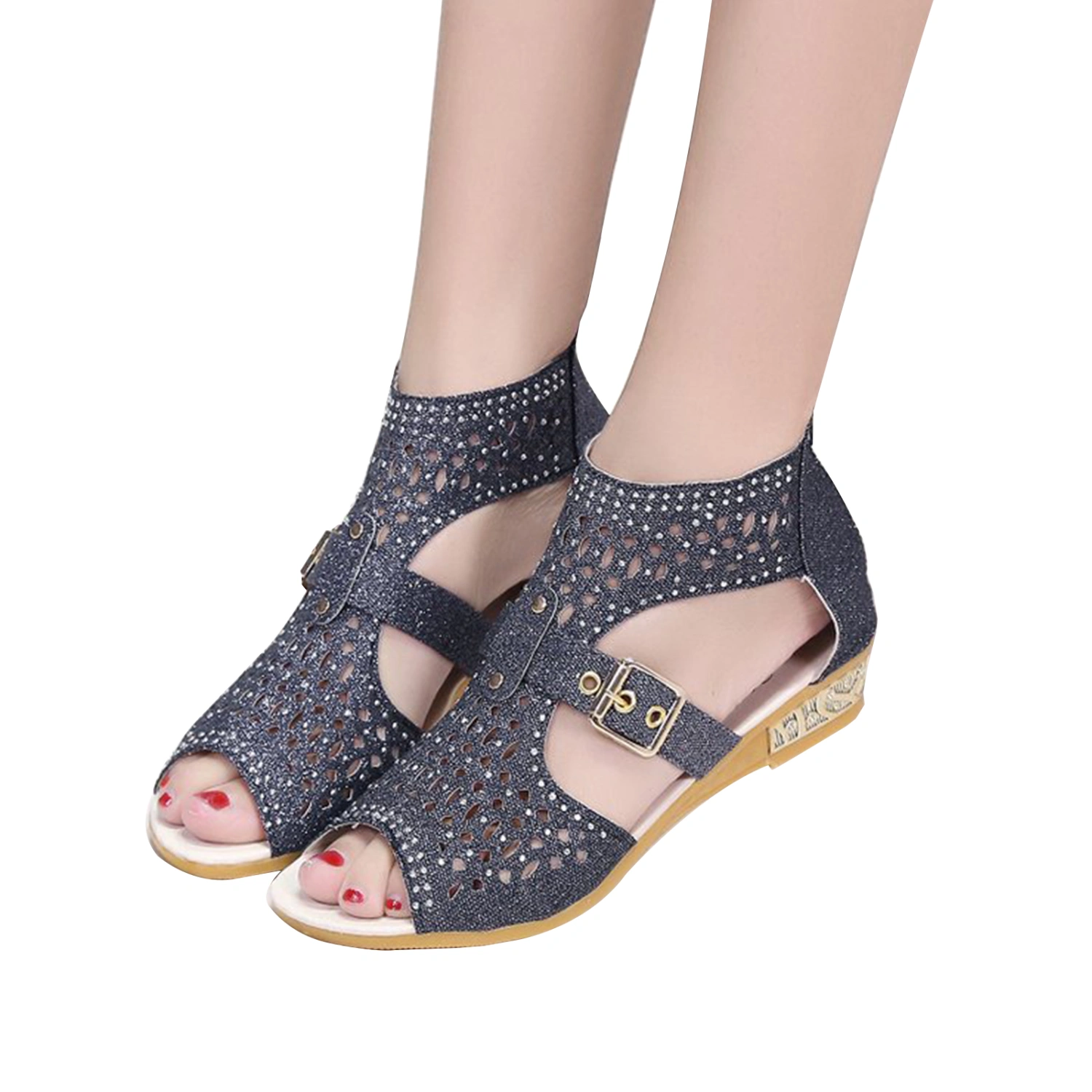 Women Wedge Espadrille Sandals Belt Metal Buckle Low Heeled Shoes