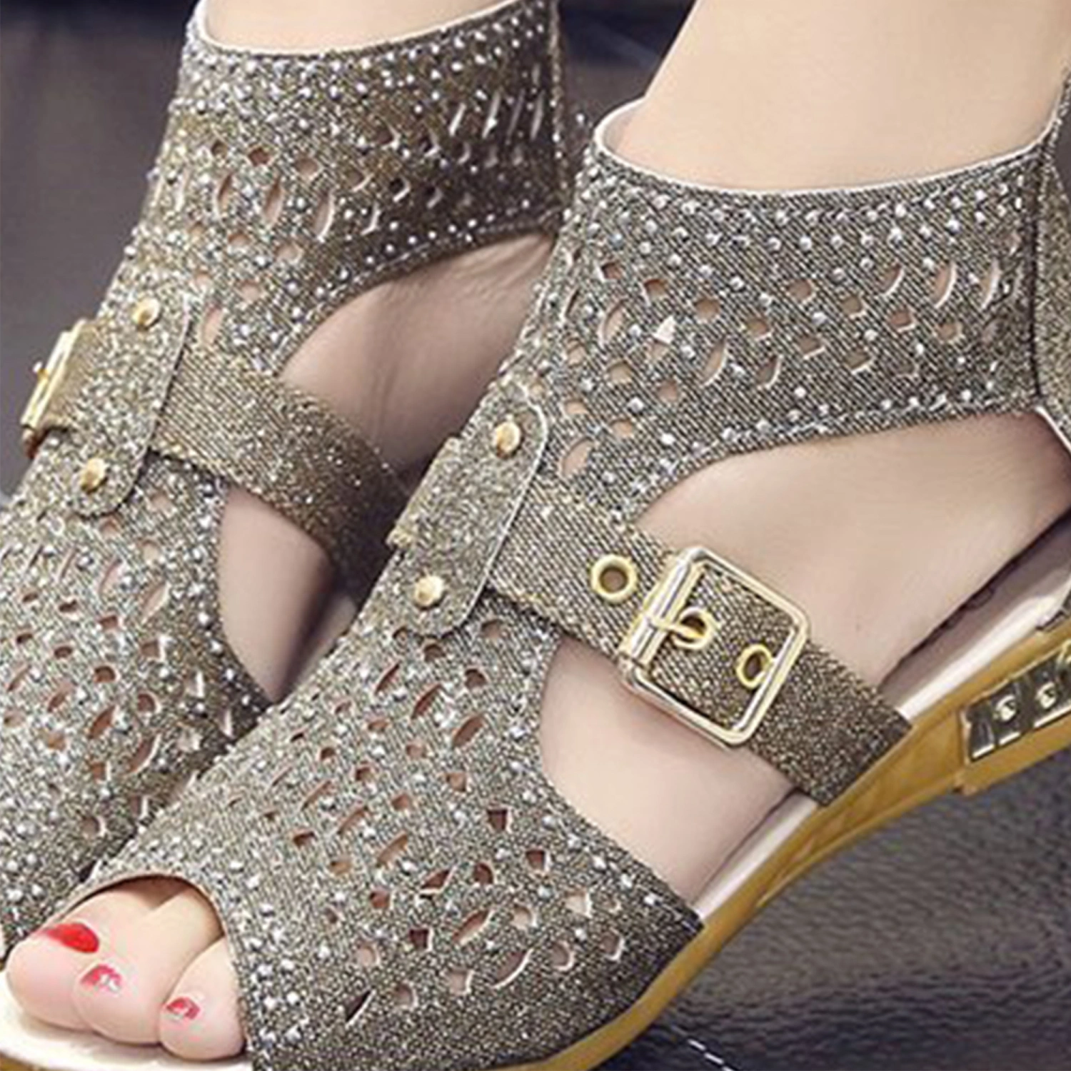 Women Wedge Espadrille Sandals Belt Metal Buckle Low Heeled Shoes