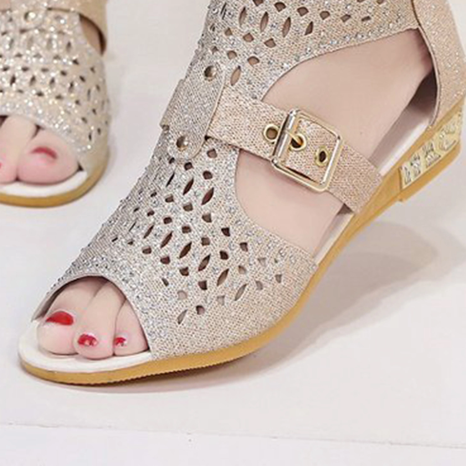 Women Wedge Espadrille Sandals Belt Metal Buckle Low Heeled Shoes