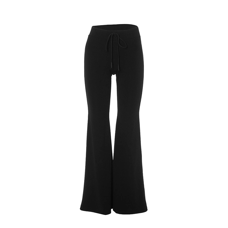 Women Flare Pants Solid Color Drawstring High Waist Trousers