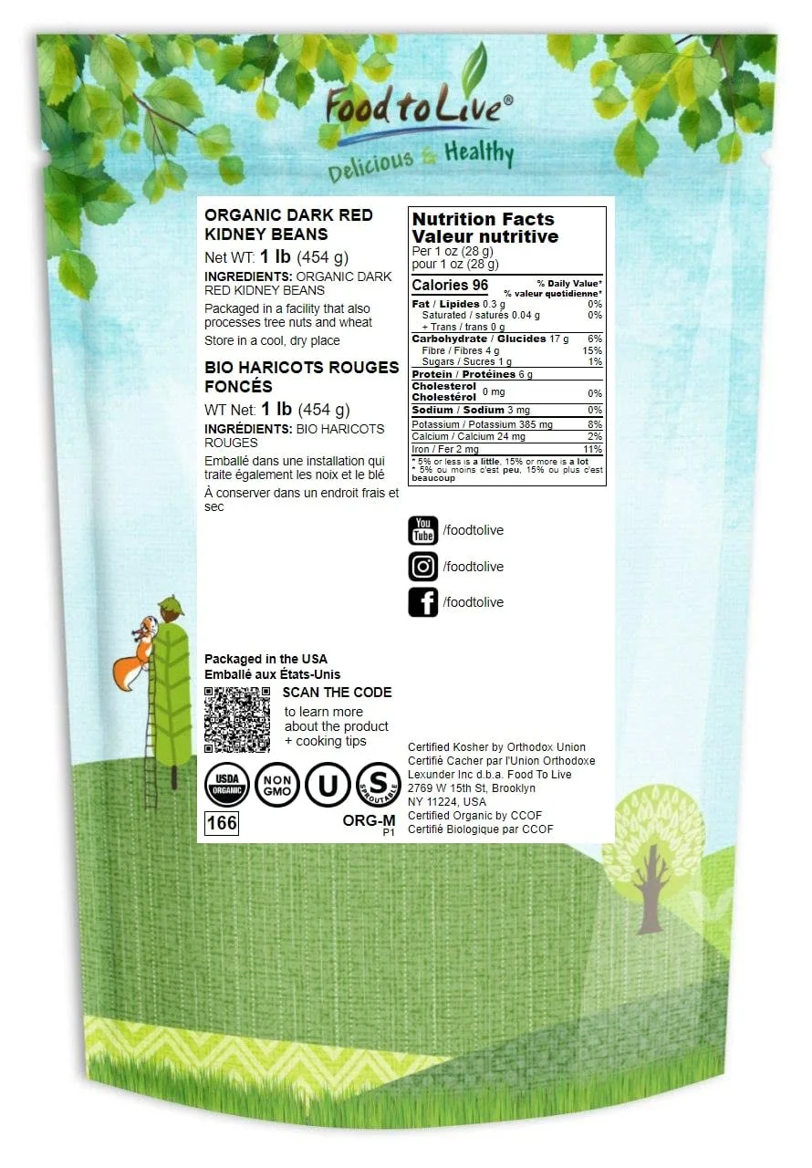 Food to Live Organic Dark Red Kidney Beans, 1 Pound – Non-GMO, Kosher, Raw, Sproutable, Vegan