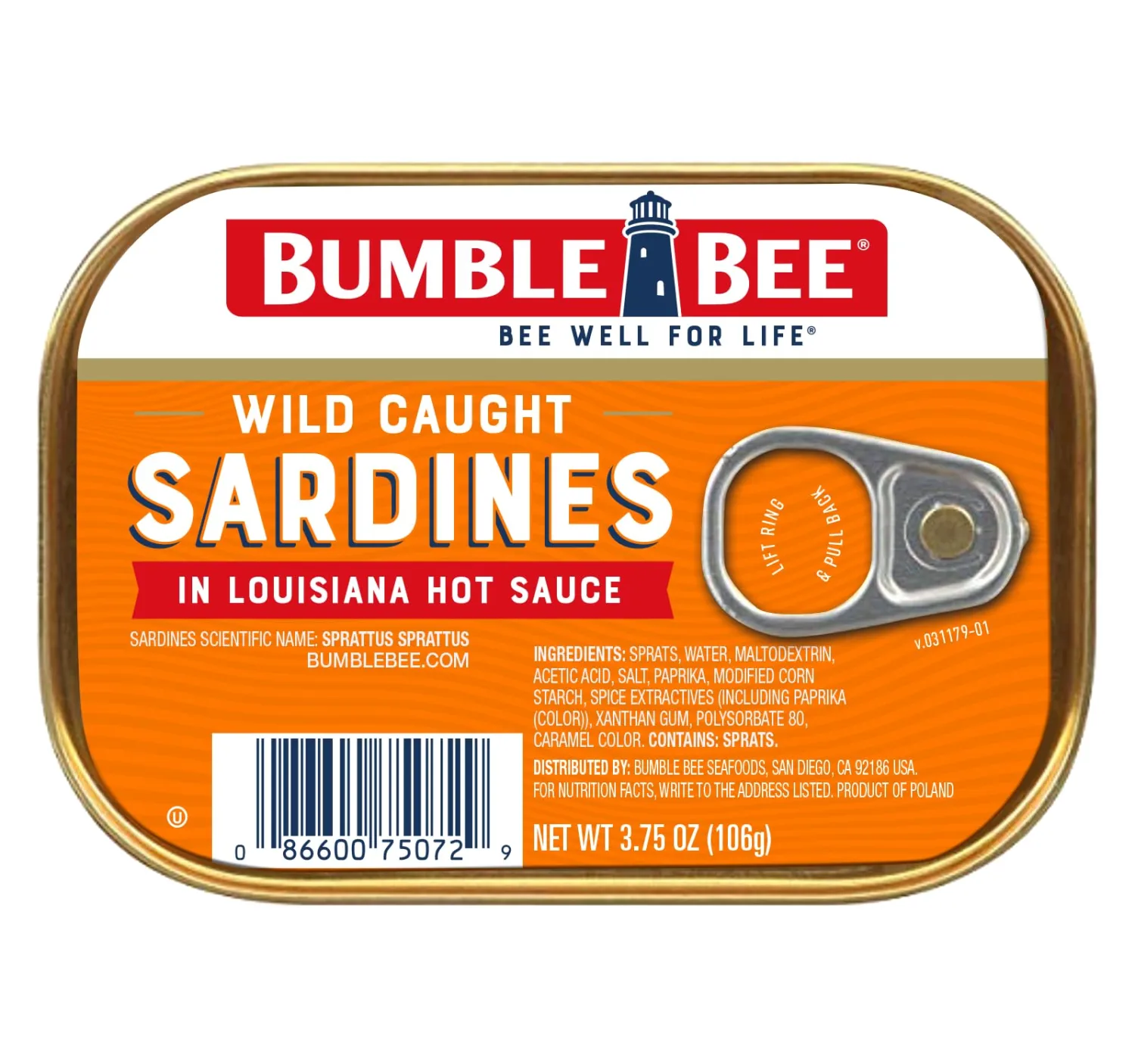 Bumble Bee Sardines in Louisiana Hot Sauce, 3.75 oz Tin - Wild Caught, Gluten Free, Keto, Kosher