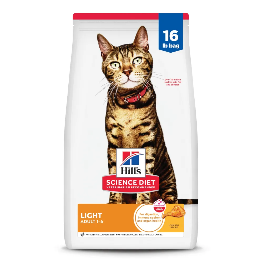 Hill's Science Diet Light, Adult 1-6, Weight Management Support, Dry Cat Food, Chicken Recipe, 16 lb Bag