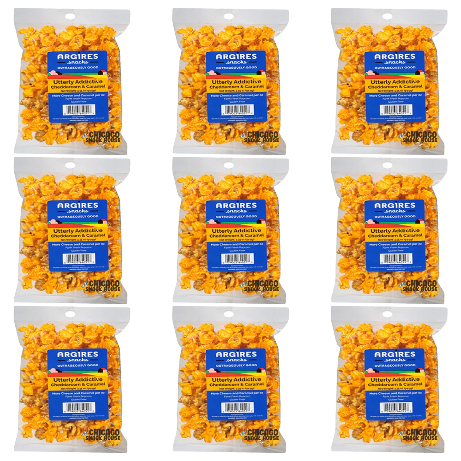 Argires Chicago Popcorn 9 pack Cheddarcorn and Caramel Mix 3 Ounce Bags - Chicago Snack House