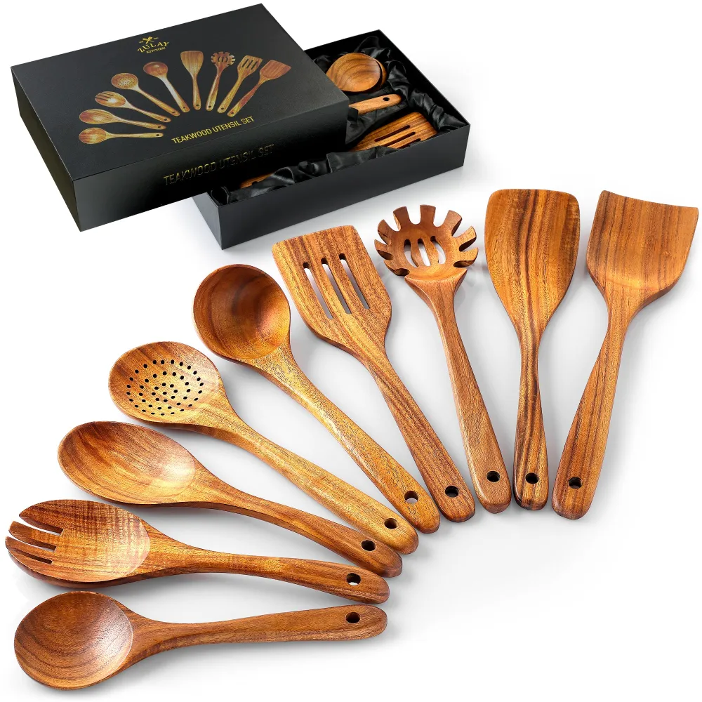 Zulay Kitchen 9-Piece Teak Wooden Utensils for Cooking - Natural Teak Utensil Set with Premium Gift Box - Non-Stick Wooden Spoons for Cooking - Kitchen Gift Set - Comfortable Grip Wooden Utensil Set