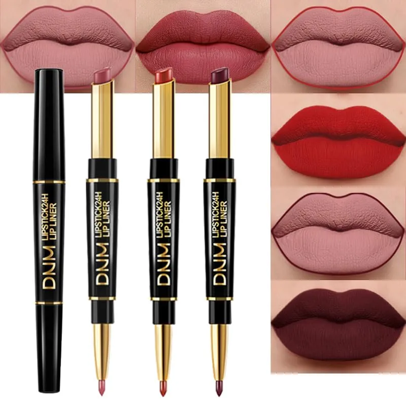 evpct 3Pcs Dark Deep Ruby Mauve Red Lip Liner and Lipstick Set Kit for Women DNM Matte Matt 24 Hours Lipstick Pen and with Lip Liner Pencil Set Long Lasting 24 labial labiales mate 24 horas originales