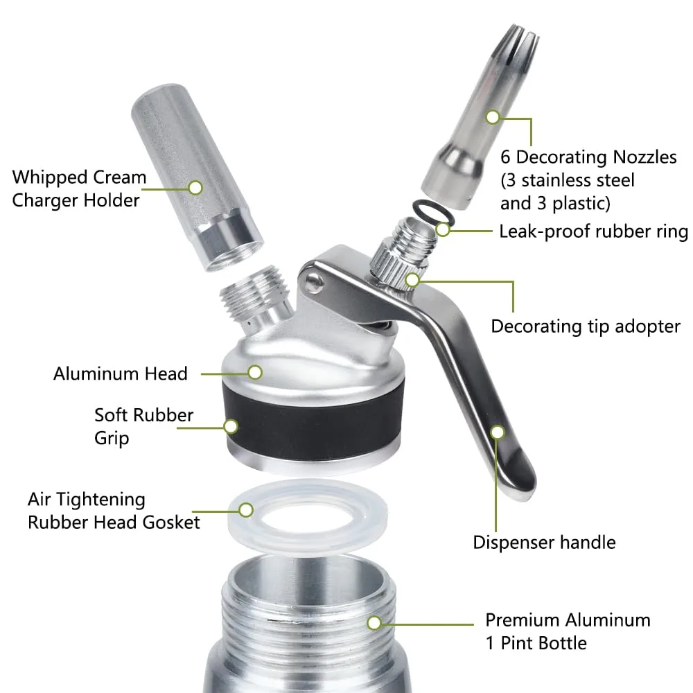 Whipped Cream Dispenser,500ml Whipped Cream Charger with Sturdy Aluminum Body And Head,Cream Maker with 6 Decorating Nozzles,Use Standard 8 Gram N2O Chargers (Not Included)
