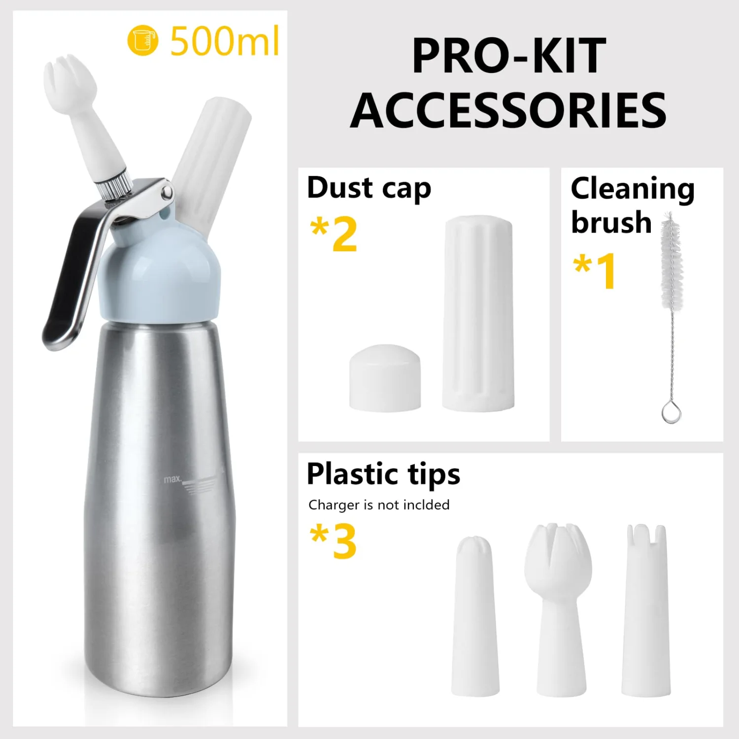 Professional Whipped Cream Dispenser 500ml,Whipped Cream Charger with Sturdy Aluminum Body and Head,Cream Maker with 3 Decorating Nozzles,Use Standard 8 Gram N2O Chargers (Not Included)