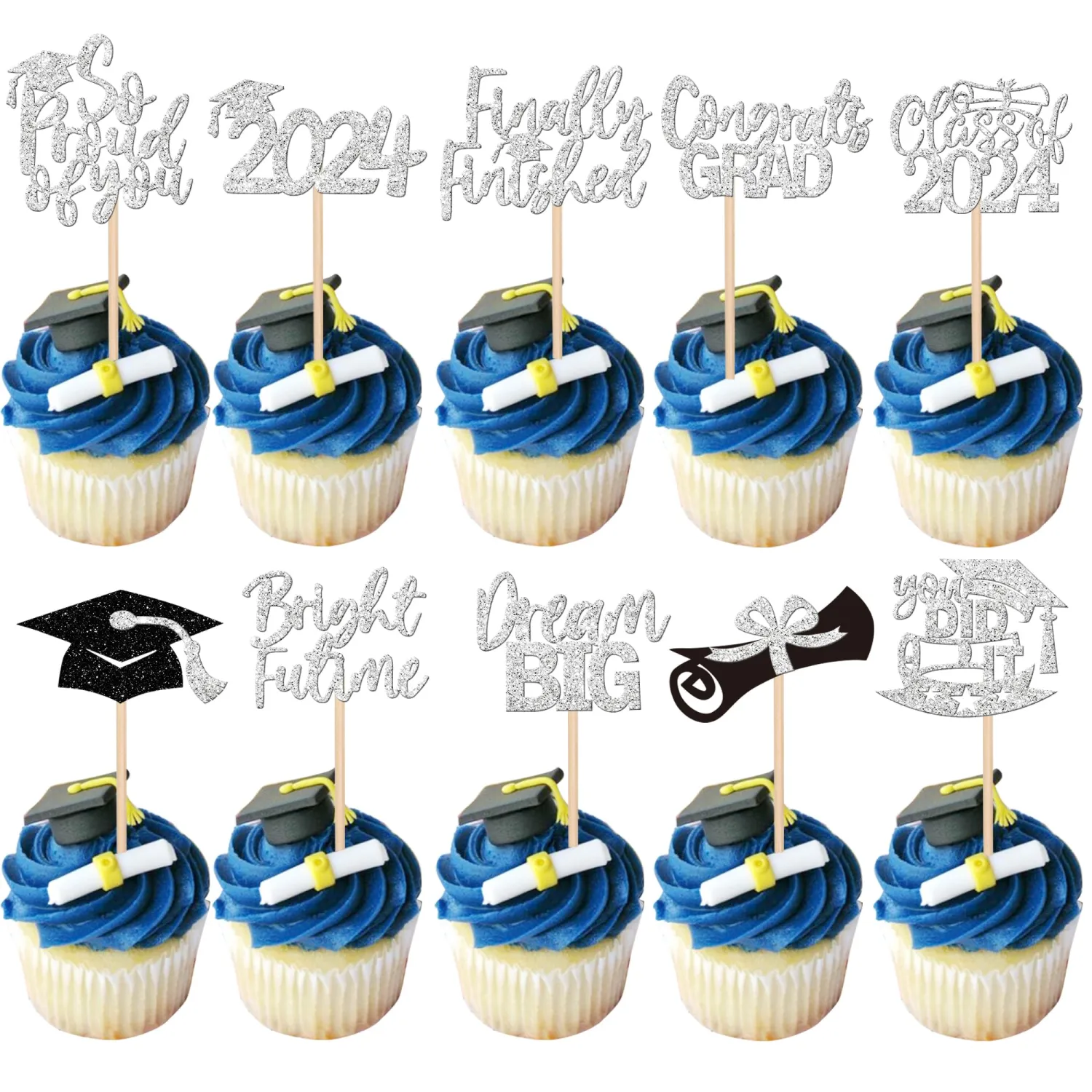 40 Pack Class of 2024 Graduation Cupcake Toppers Glitter So Proud of You Diploma Grad Cap Cupcake Picks Bright Future Congrate Grad Cake Decorations for 2024 Graduation Theme Party Supplies Silver