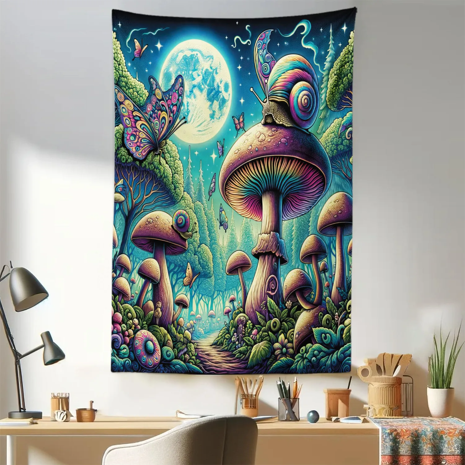 Ambesonne Aesthetic Tapestry, Psychedelic Forest of Colorful Mushrooms Surreal Forest Full Moon Night, Fabric Wall Hanging Decor for Bedroom Living Room Dorm, 30" X 45", Turquoise Multicolor