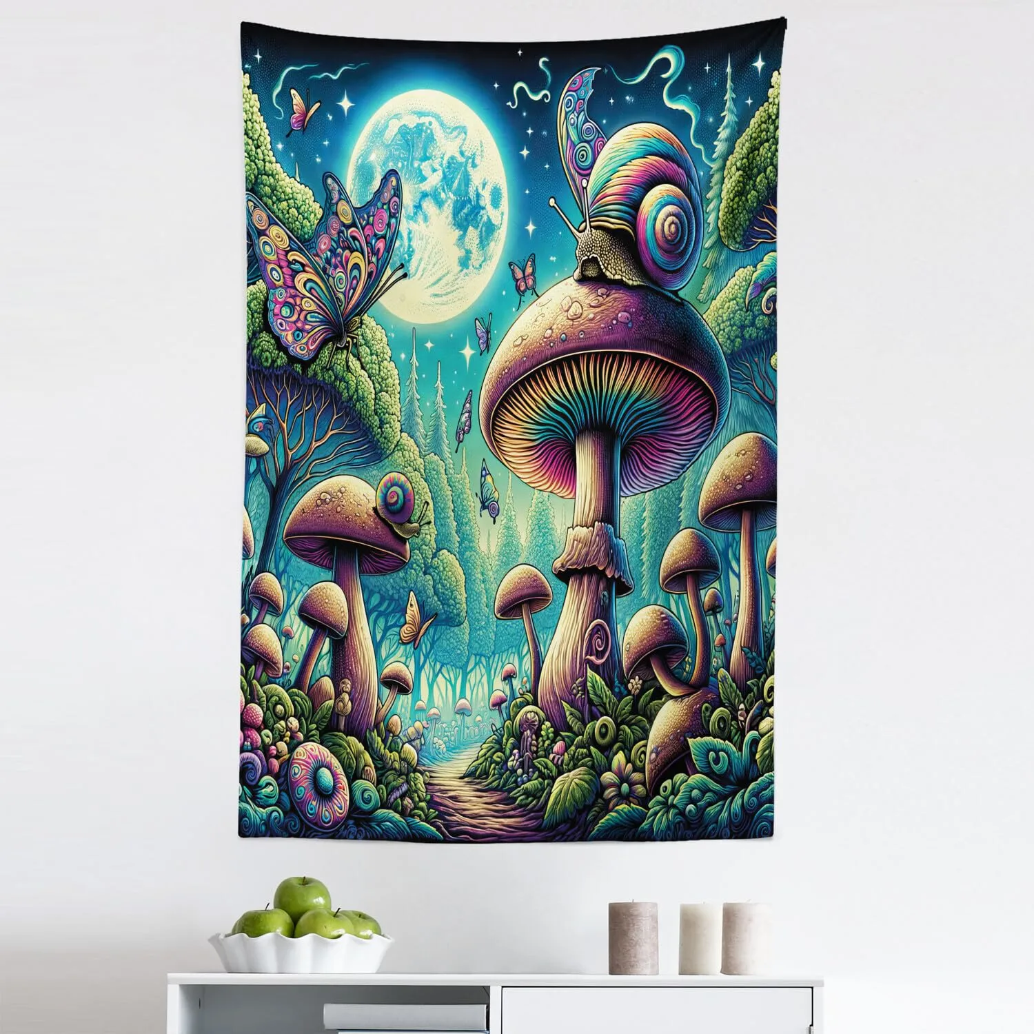 Ambesonne Aesthetic Tapestry, Psychedelic Forest of Colorful Mushrooms Surreal Forest Full Moon Night, Fabric Wall Hanging Decor for Bedroom Living Room Dorm, 30" X 45", Turquoise Multicolor