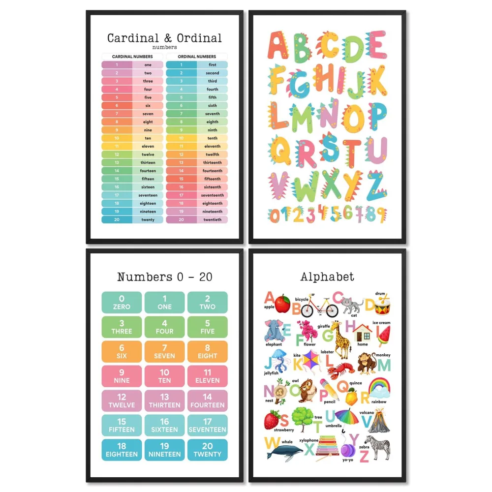 noskisy Toddler Educational Preschool Posters 1-20 Number English Alphabet Chart Cognition Prints Painting Set of 4 Nursery Homeschool Kind Classroom Wall Decor 8x10in Framed