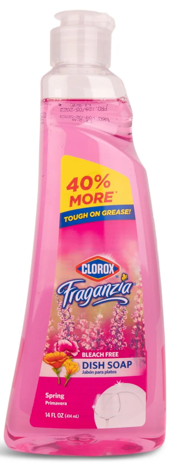 Clorox Fraganzia Liquid Dish Soap, Smells Great and Cuts Through Tough Grease FAST, Quick Rinsing formula Washes Away Dirt, A Powerful Clean You Can Trust, Spring Scent, 14 Fl Ounces