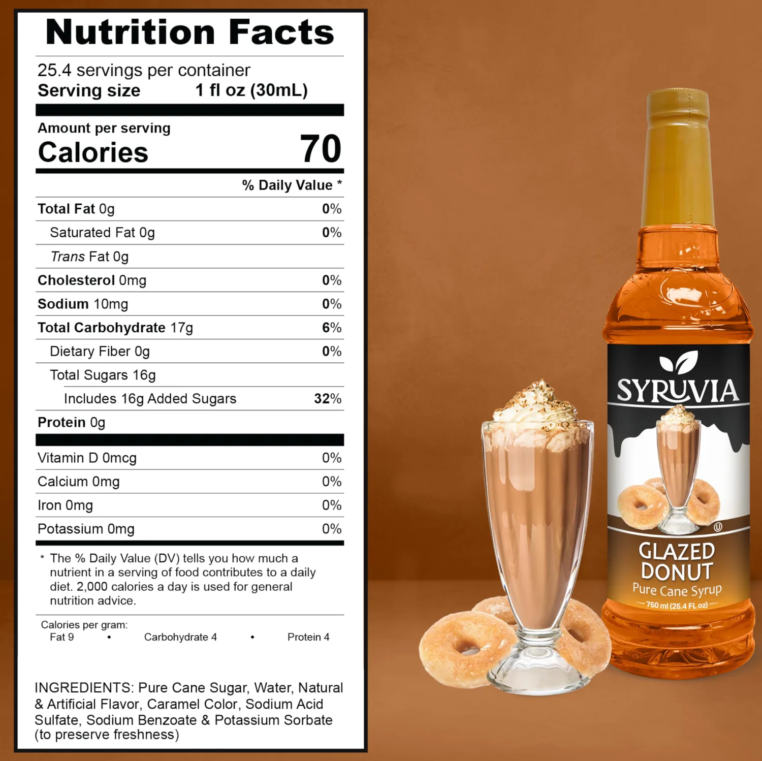 Syruvia Glazed Donut Coffee Syrup - 25.4 fl oz Premium Coffee Flavoring Syrup - Kosher Coffee Syrups, Gluten Free, No Coloring, Perfect for Drinks, Soda, Shakes, Desserts, and More.