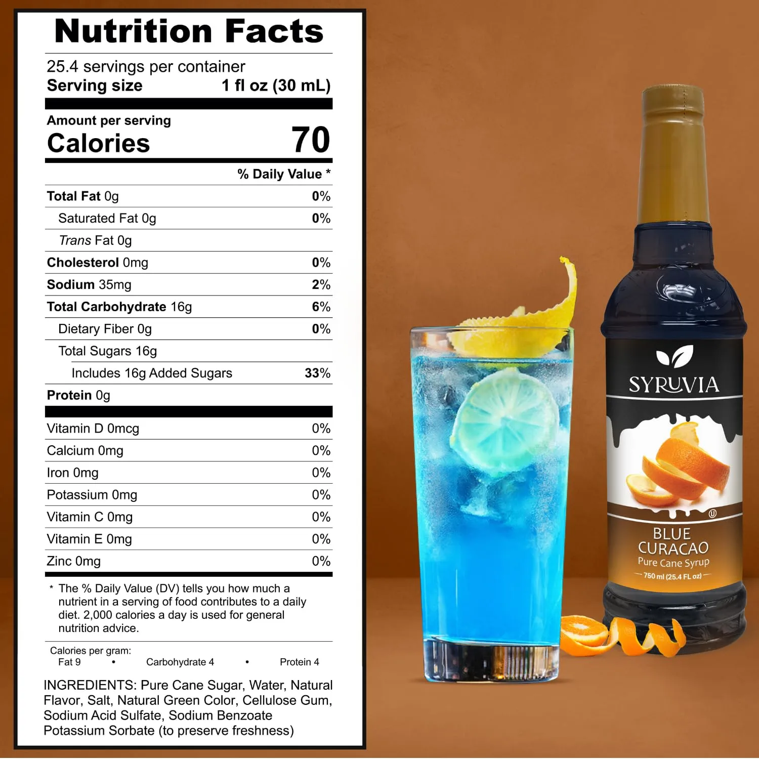 Syruvia Blue Curacao Syrup - 25.4 fl oz. Exotic Blue Citrus Infusion. Kosher