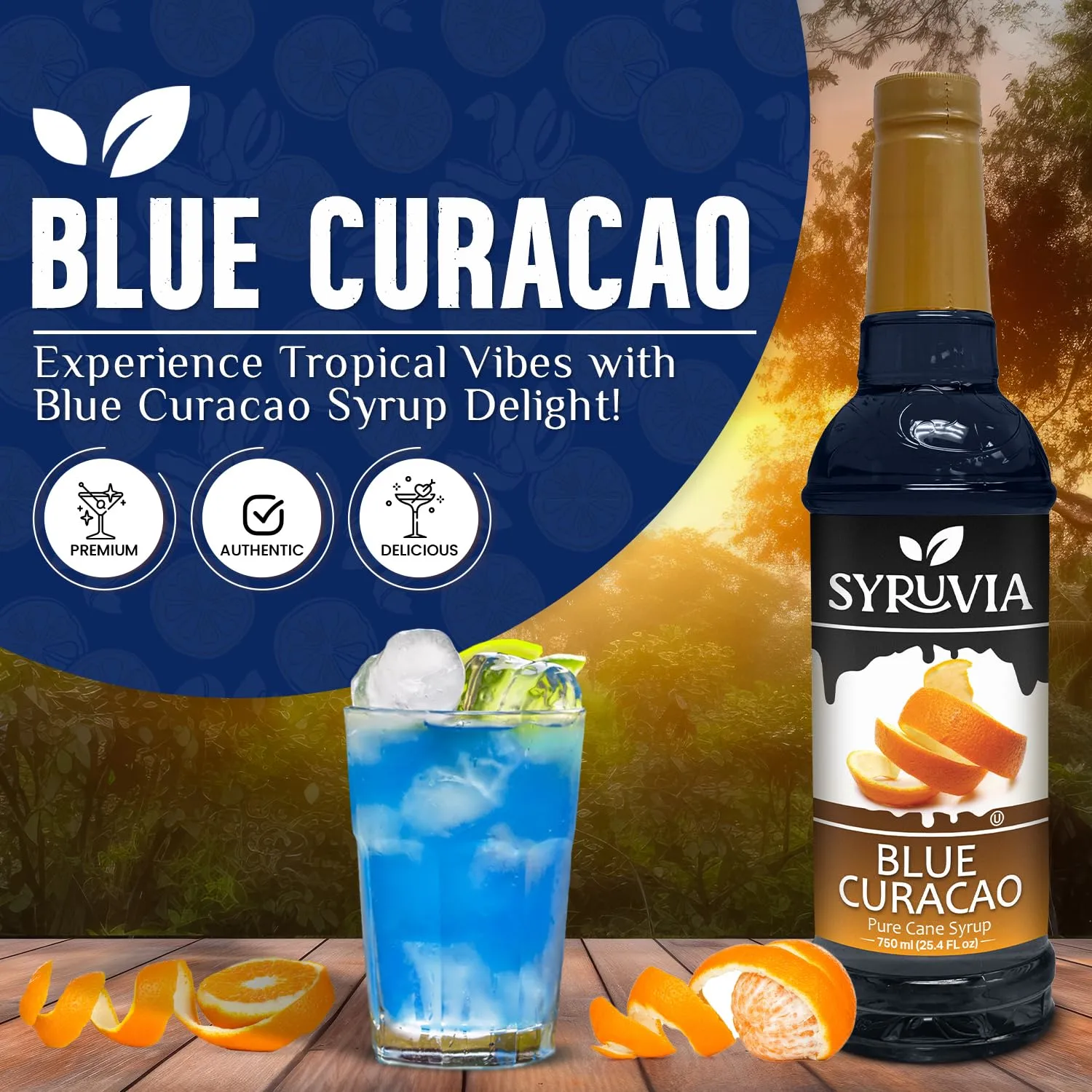 Syruvia Blue Curacao Syrup - 25.4 fl oz. Exotic Blue Citrus Infusion. Kosher