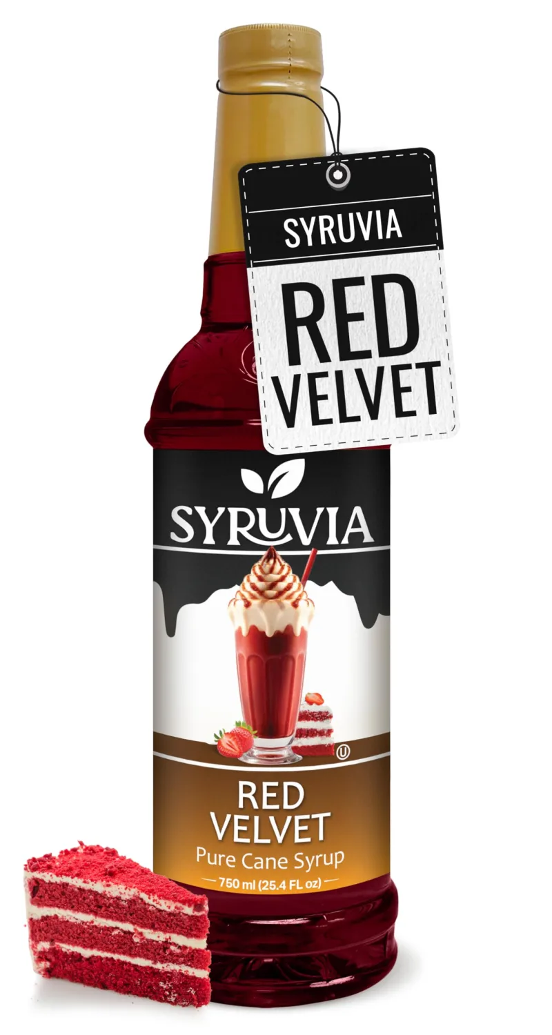 Syruvia Red Velvet Coffee Syrup - 25.4 fl oz Premium Coffee Flavoring Syrup - Kosher Coffee Syrups, Gluten Free, No Coloring, Perfect for Drinks, Soda, Shakes, Desserts, and More.