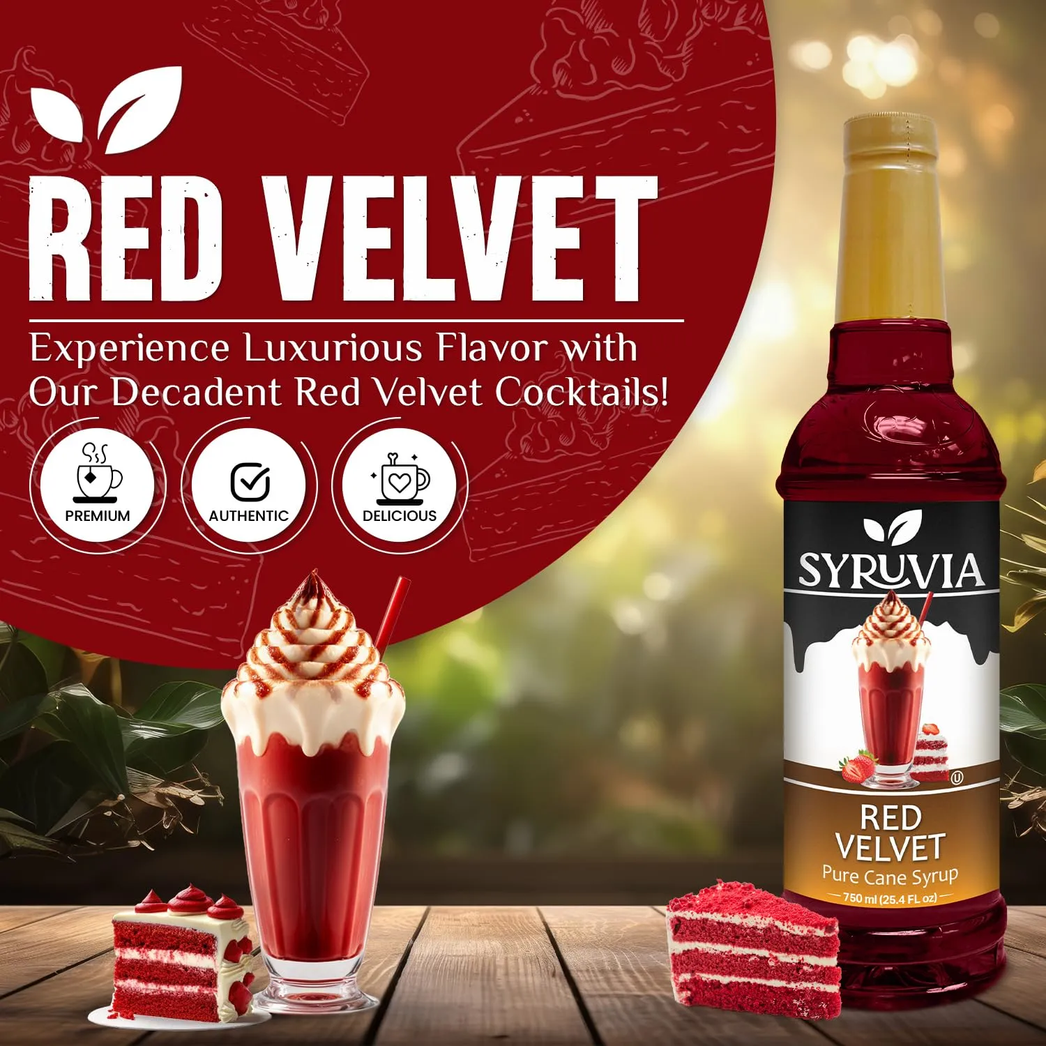 Syruvia Red Velvet Coffee Syrup - 25.4 fl oz Premium Coffee Flavoring Syrup - Kosher Coffee Syrups, Gluten Free, No Coloring, Perfect for Drinks, Soda, Shakes, Desserts, and More.