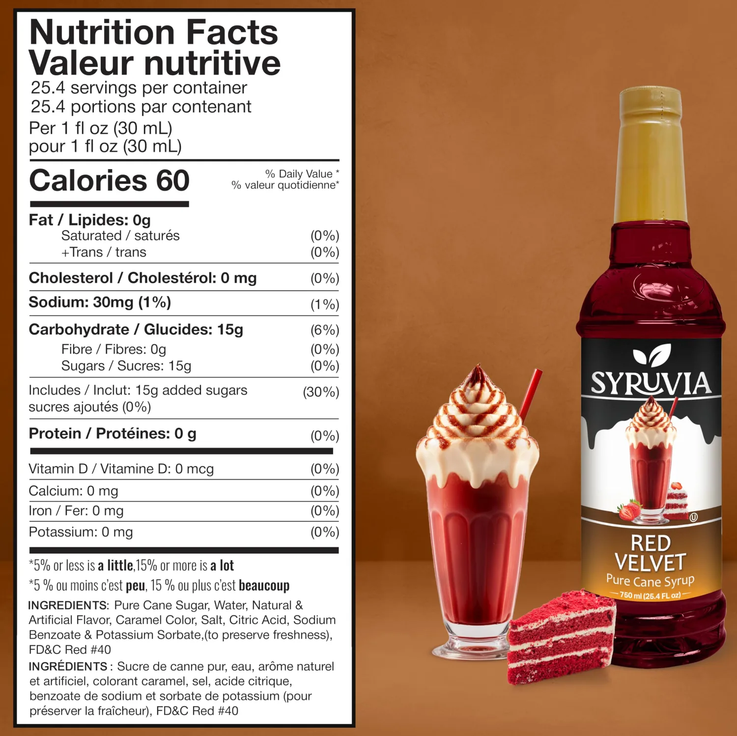 Syruvia Red Velvet Coffee Syrup - 25.4 fl oz Premium Coffee Flavoring Syrup - Kosher Coffee Syrups, Gluten Free, No Coloring, Perfect for Drinks, Soda, Shakes, Desserts, and More.