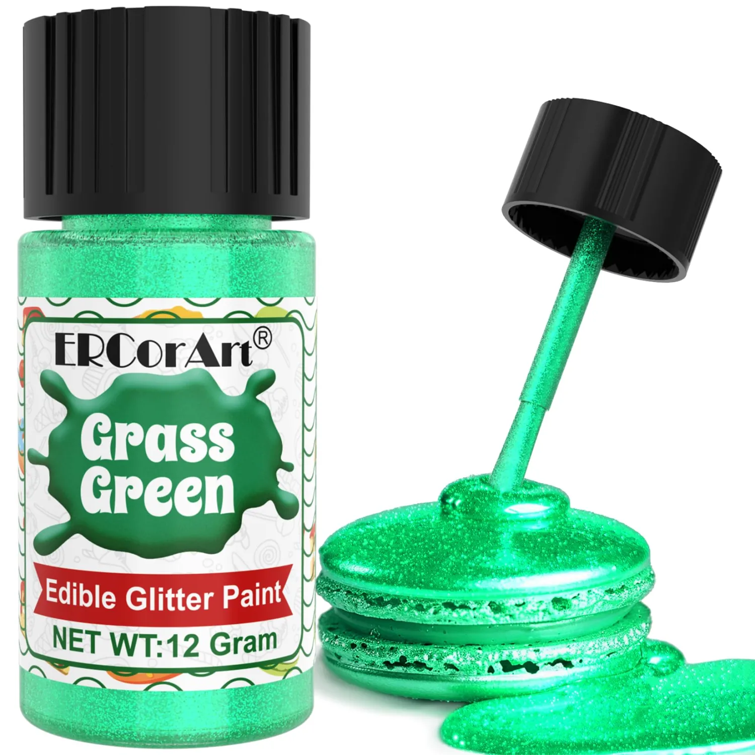 Edible Glitter - 12g Metallic Food Coloring, Shimmer Edible Paint with Brush, Food Grade Glitter Cake Paint for Art Decorative, Cupcakes, Cookie, Donuts, Fondant (grass green)