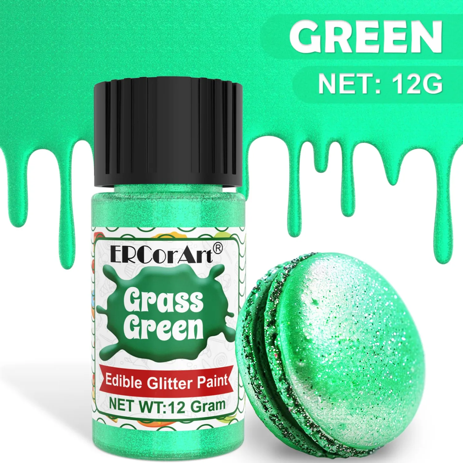 Edible Glitter - 12g Metallic Food Coloring, Shimmer Edible Paint with Brush, Food Grade Glitter Cake Paint for Art Decorative, Cupcakes, Cookie, Donuts, Fondant (grass green)
