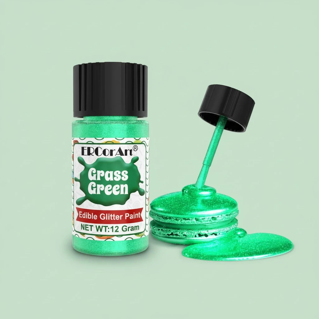 Edible Glitter - 12g Metallic Food Coloring, Shimmer Edible Paint with Brush, Food Grade Glitter Cake Paint for Art Decorative, Cupcakes, Cookie, Donuts, Fondant (grass green)