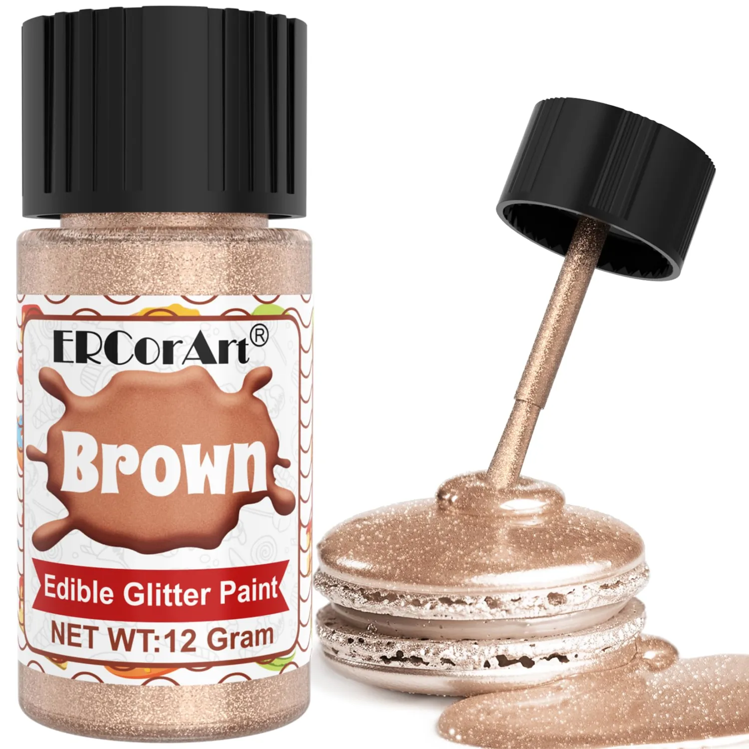 Edible Glitter - 12g Metallic Food Coloring, Shimmer Edible Paint with Brush, Food Grade Glitter Cake Paint for Art Decorative, Cupcakes, Cookie, Donuts, Fondant (brown)