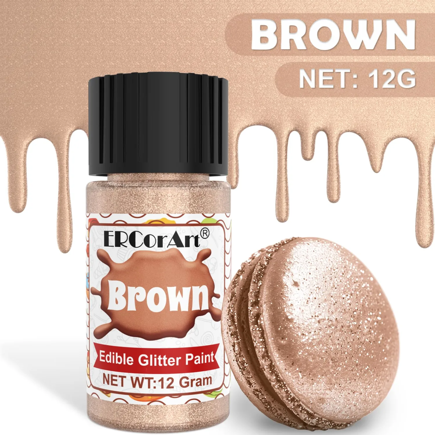 Edible Glitter - 12g Metallic Food Coloring, Shimmer Edible Paint with Brush, Food Grade Glitter Cake Paint for Art Decorative, Cupcakes, Cookie, Donuts, Fondant (brown)