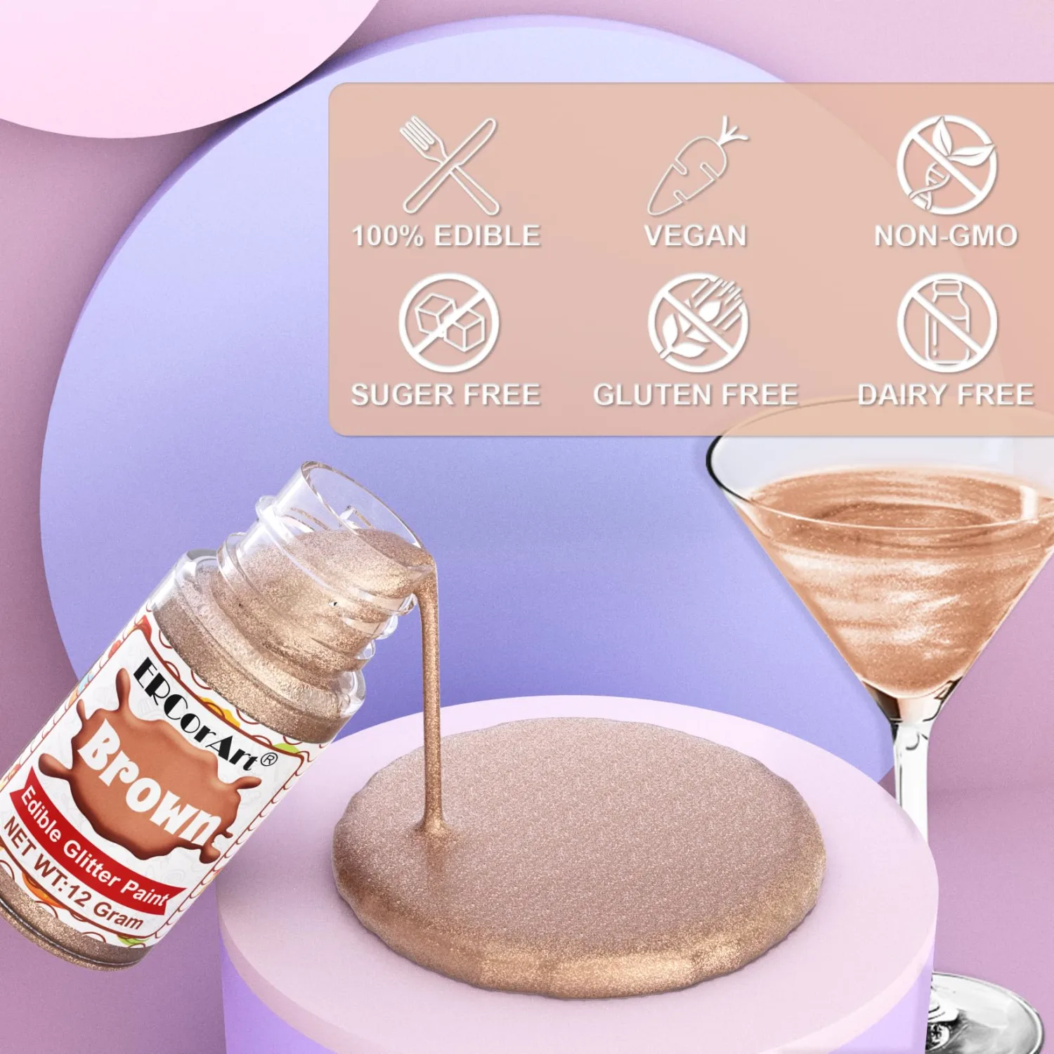 Edible Glitter - 12g Metallic Food Coloring, Shimmer Edible Paint with Brush, Food Grade Glitter Cake Paint for Art Decorative, Cupcakes, Cookie, Donuts, Fondant (brown)