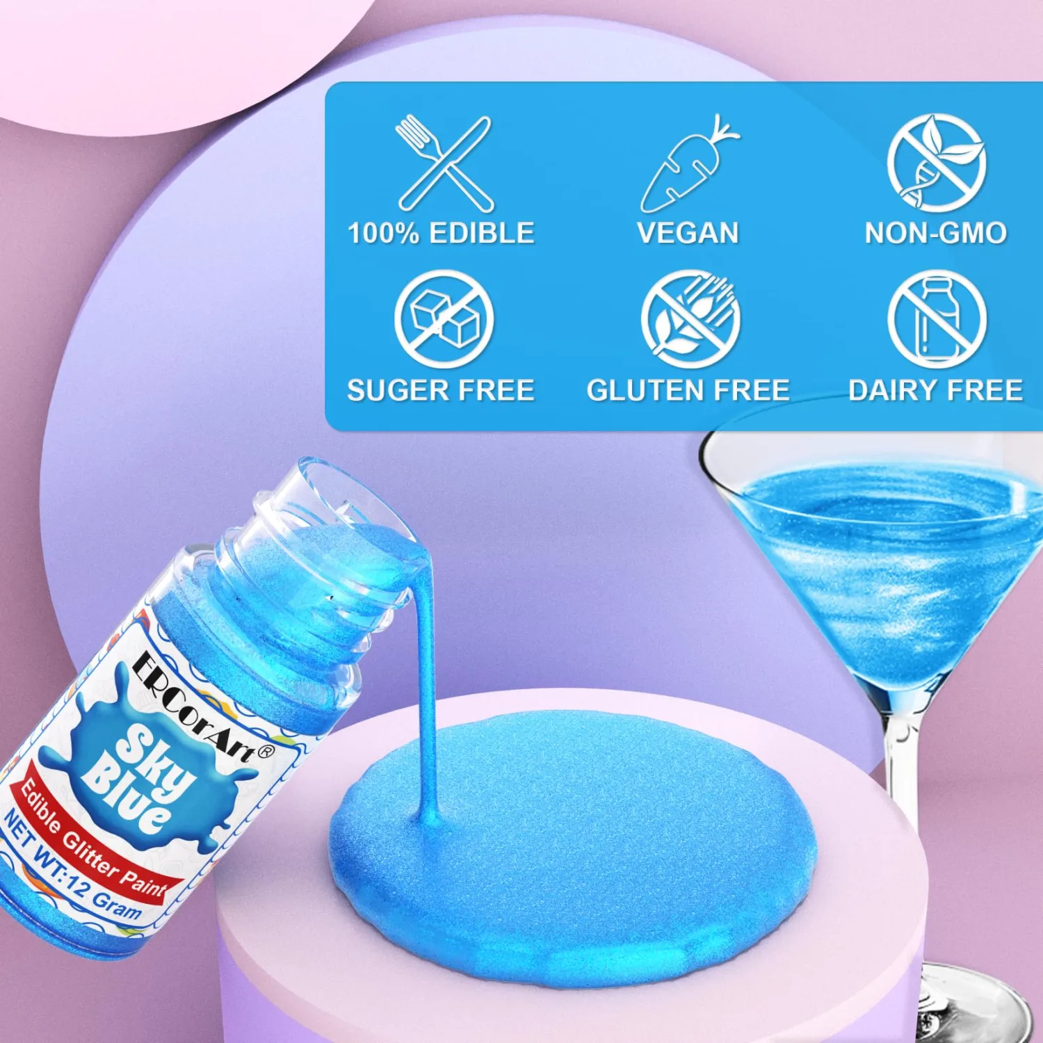 Edible Glitter - 12g Metallic Food Coloring, Shimmer Edible Paint with Brush, Food Grade Glitter Cake Paint for Art Decorative, Cupcakes, Cookie, Donuts, Fondant (sky blue)