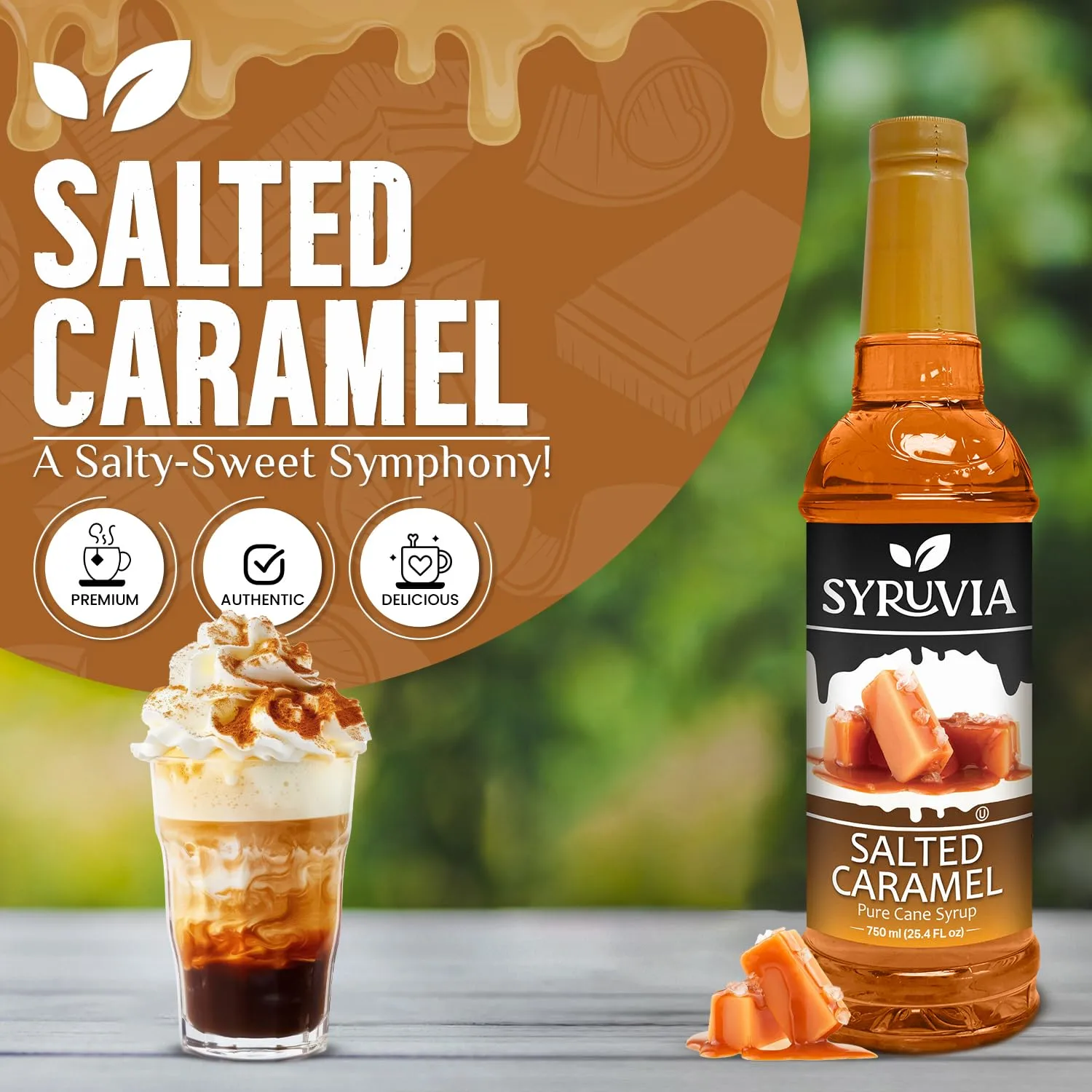 Syruvia Salted Caramel Syrup – Salted Caramel Coffee Syrup Flavor, 25.4 fl oz, Kosher, Gluten Free, Perfect for Coffee, Drinks, Soda, Desserts, and More, With Syrup Pump