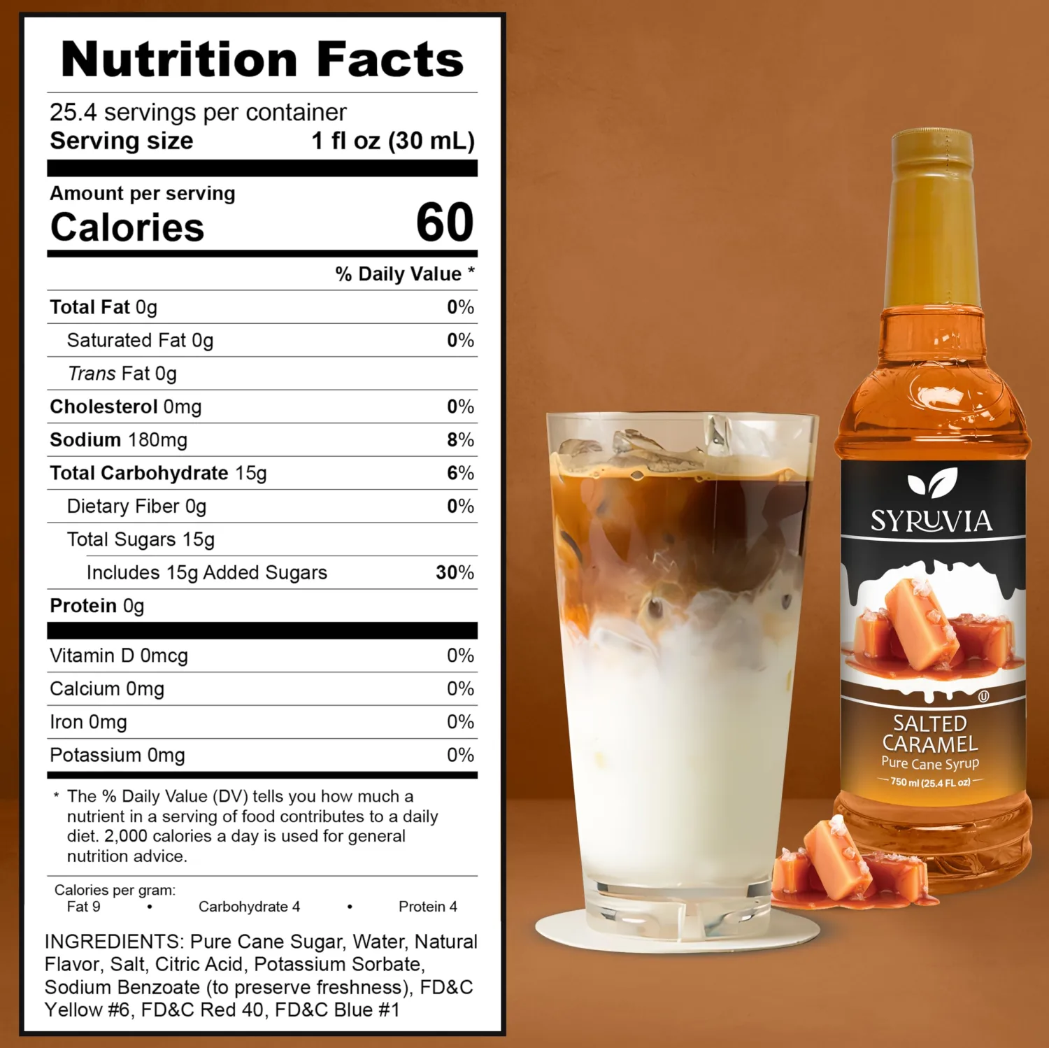 Syruvia Salted Caramel Syrup – Salted Caramel Coffee Syrup Flavor, 25.4 fl oz, Kosher, Gluten Free, Perfect for Coffee, Drinks, Soda, Desserts, and More, With Syrup Pump