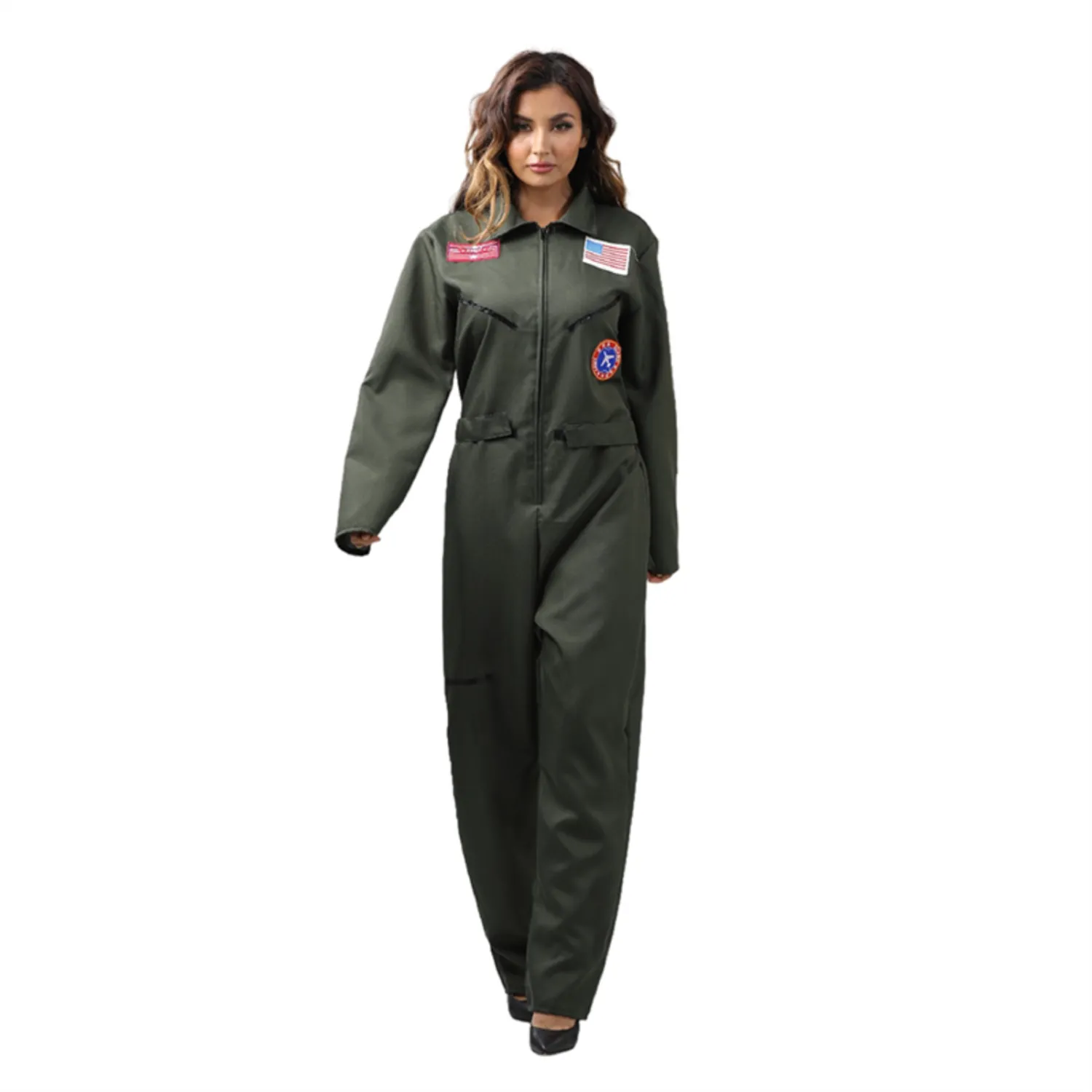 Pilot Costume for Men Women Green Flight Suit Fighter Pilot Costume