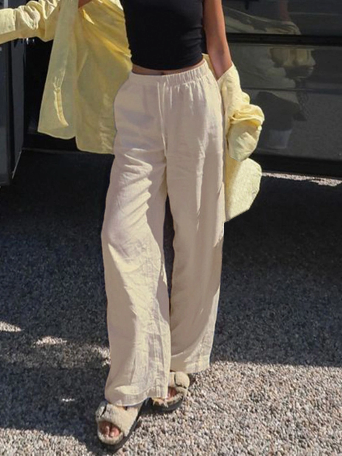 Women Lounge Pants Solid Elastic Waist Straight Leg Drawstring Pants