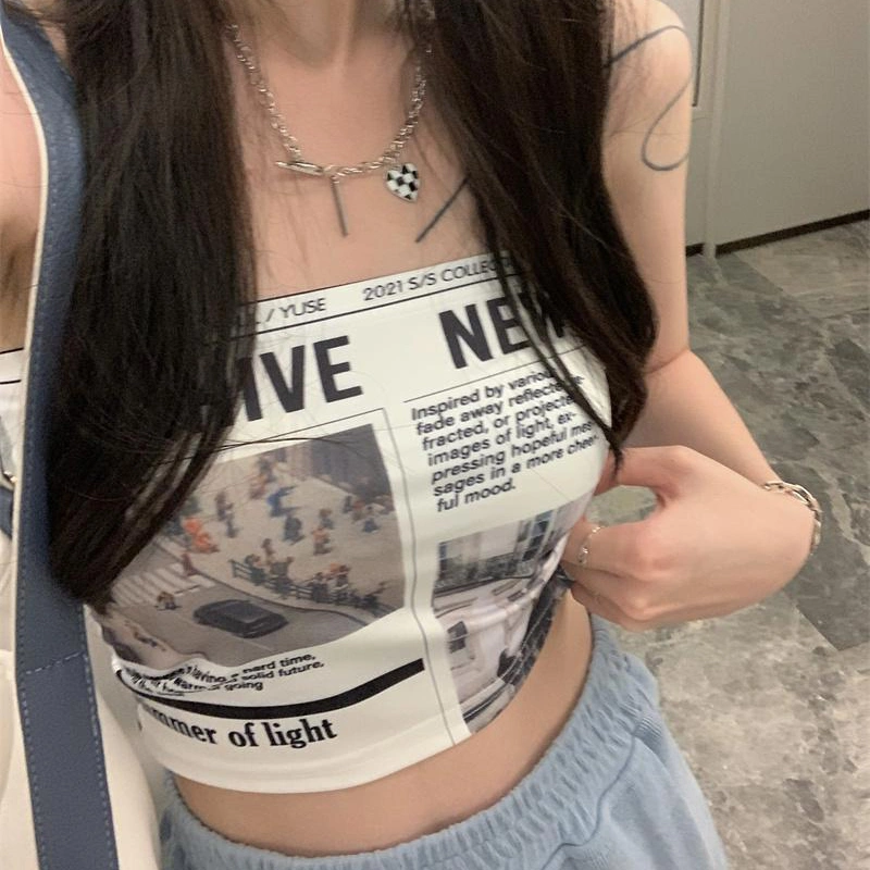 Women's Strapless Crop Tube Tops Newspaper Letter Print Bandeau