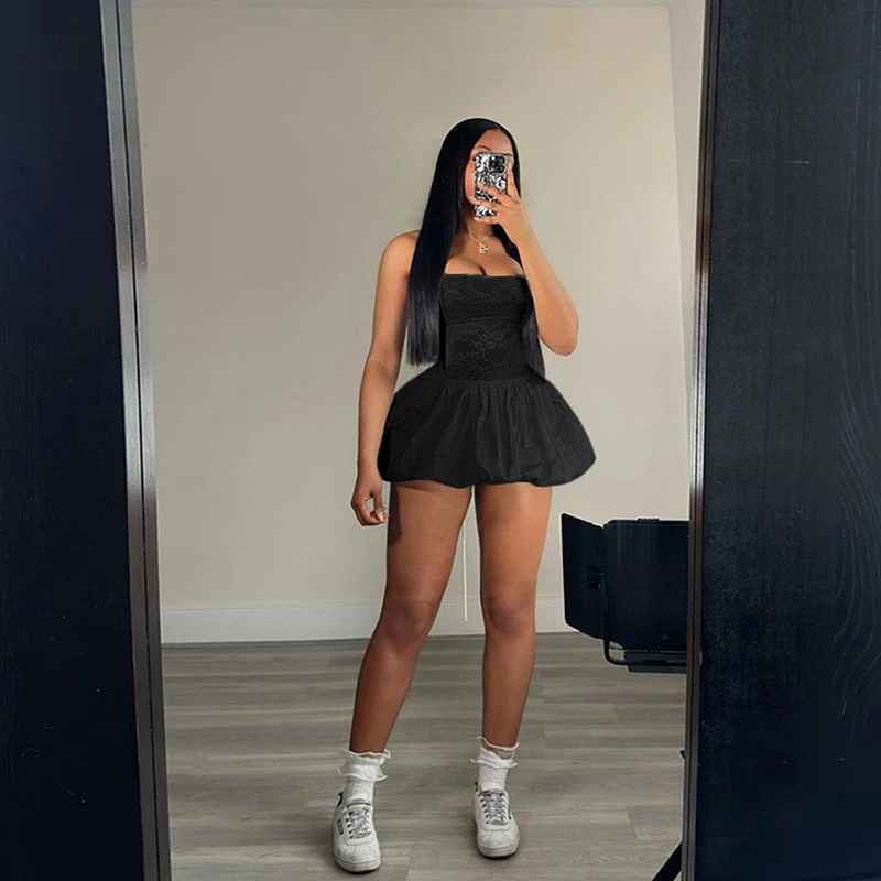 Women Cami Dress Floral Bubble Hem Back Cross Lacing Short Dresses