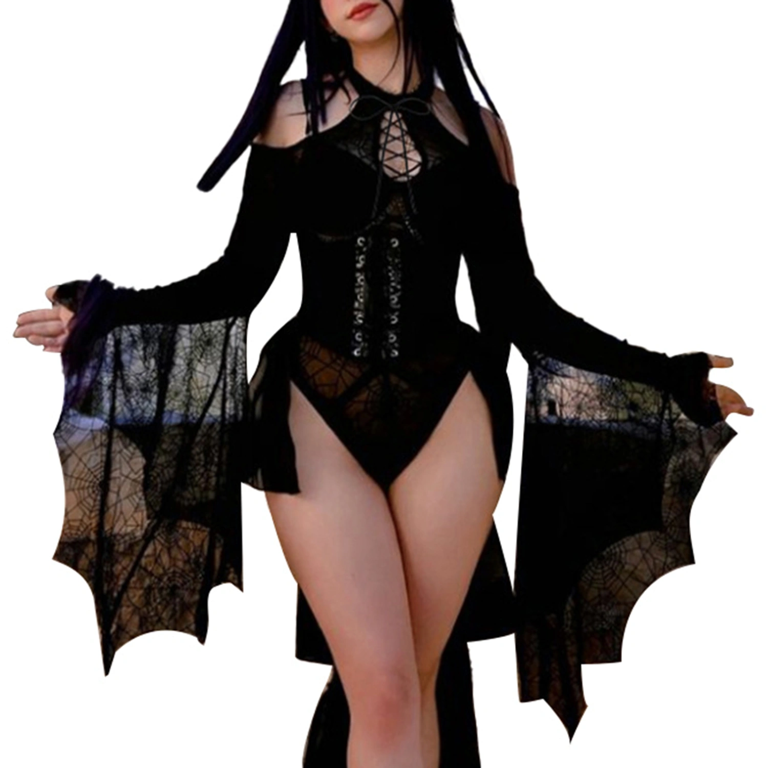 Halloween Women Bodysuit, Cold Shoulder Spider Web Sheer Tops