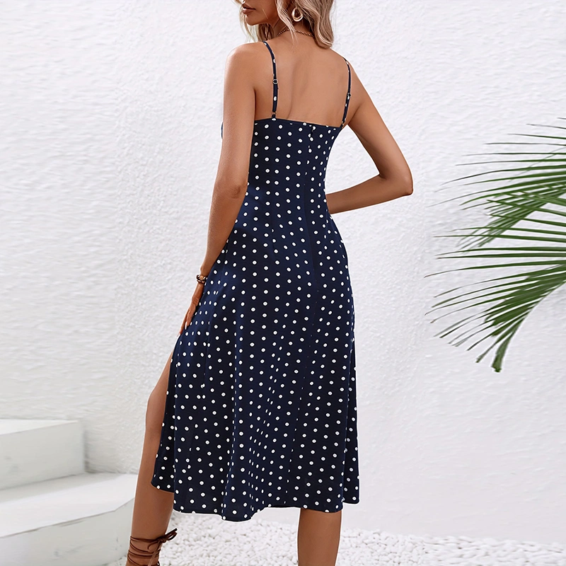 Women Spaghetti Strap Cami Dress Dot/Floral Print Slit A-Line Dress