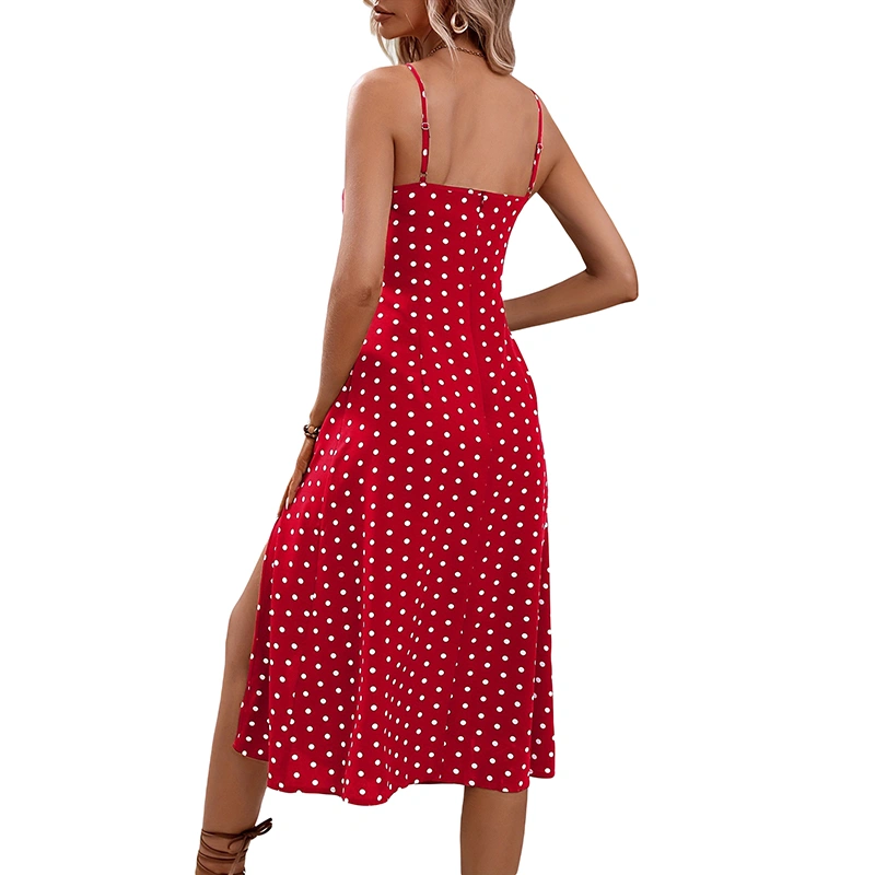Women Spaghetti Strap Cami Dress Dot/Floral Print Slit A-Line Dress