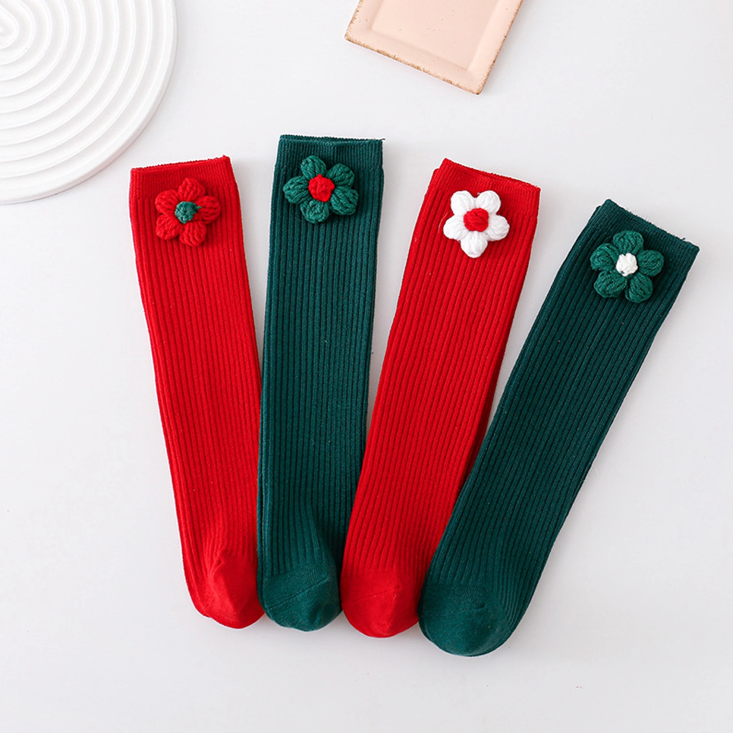 Kids Girls Christmas Socks Crocheted Flowers Dress Socks for Toddler