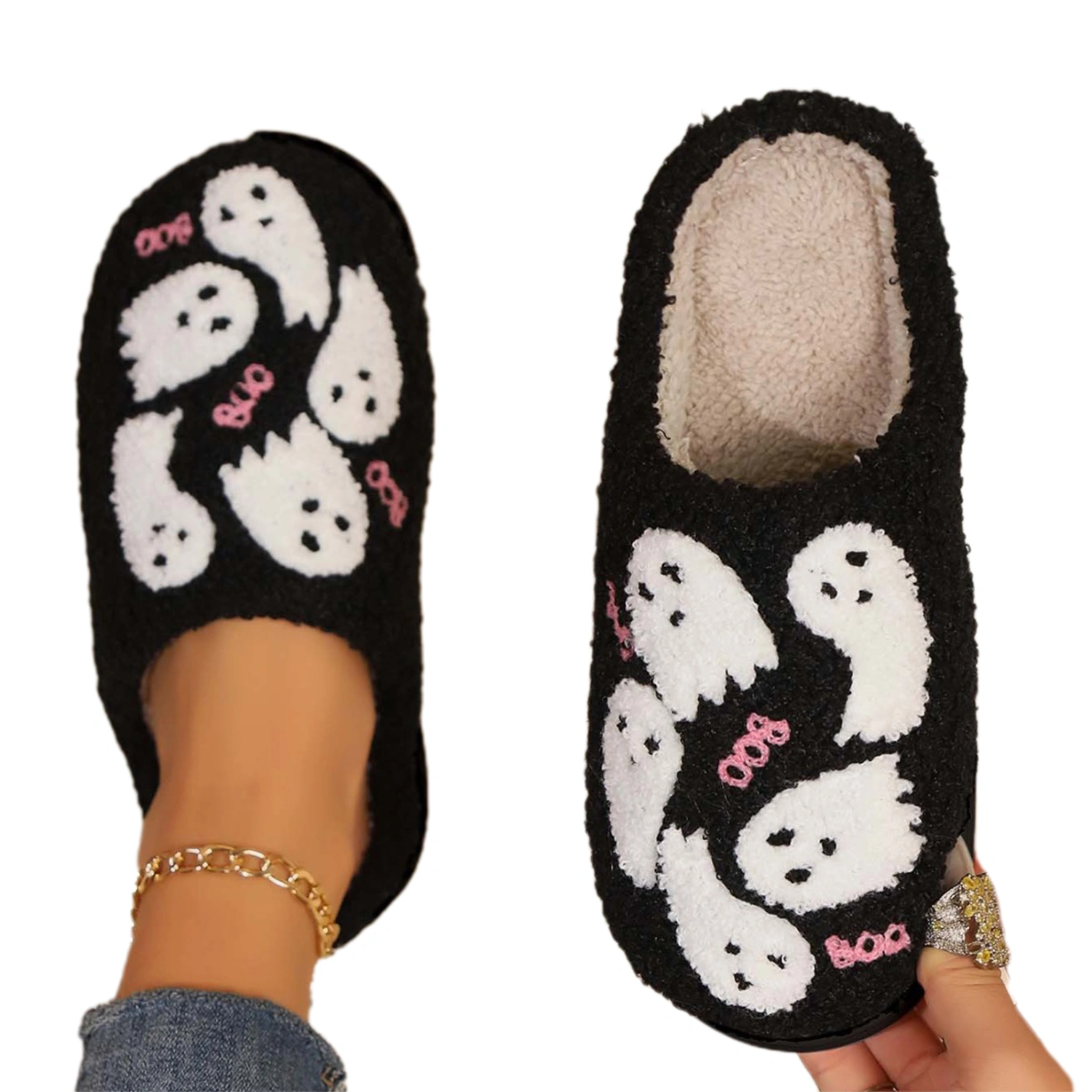 Women's Halloween Slippers Cute Ghost Print Fuzzy Slippers Non-Slip