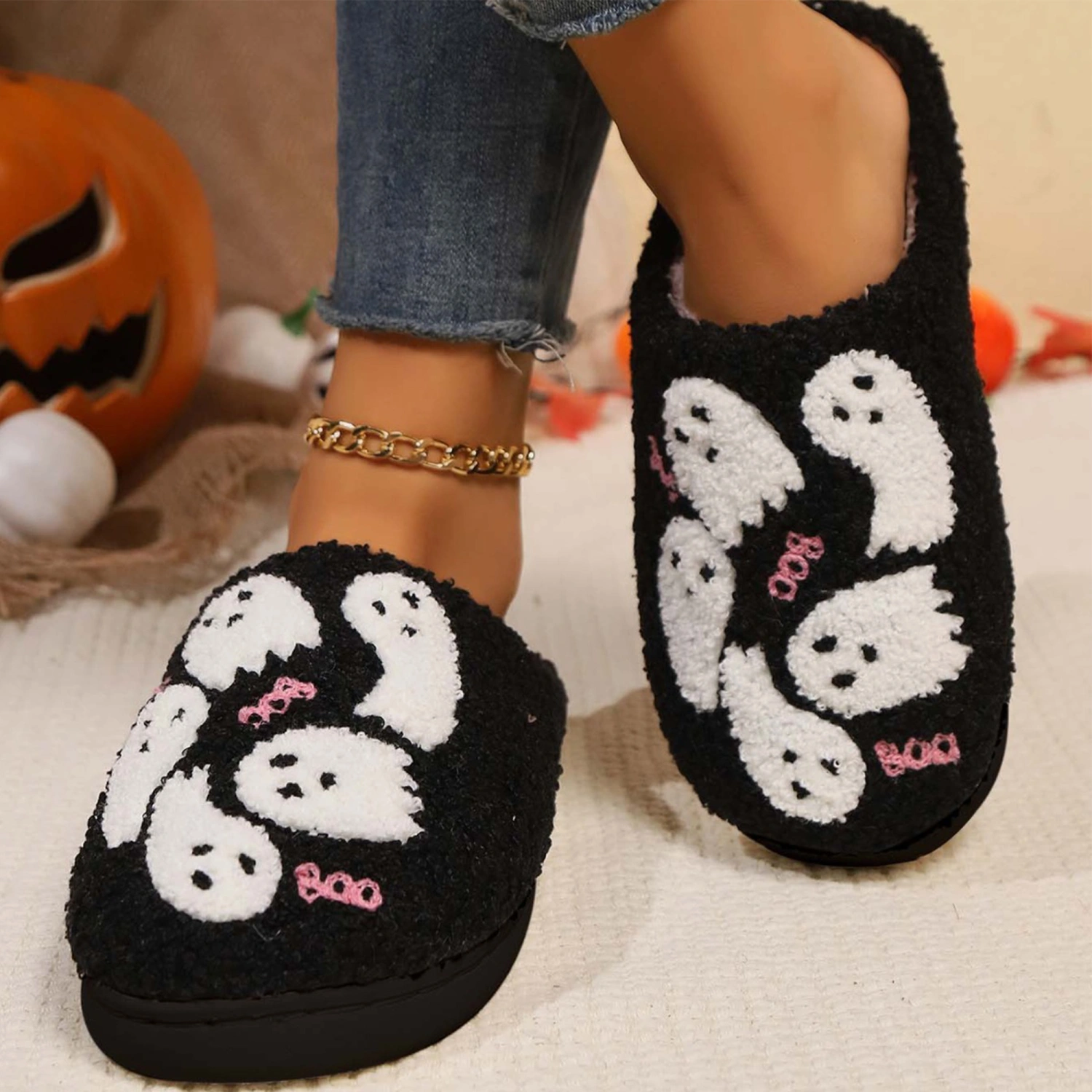Women's Halloween Slippers Cute Ghost Print Fuzzy Slippers Non-Slip