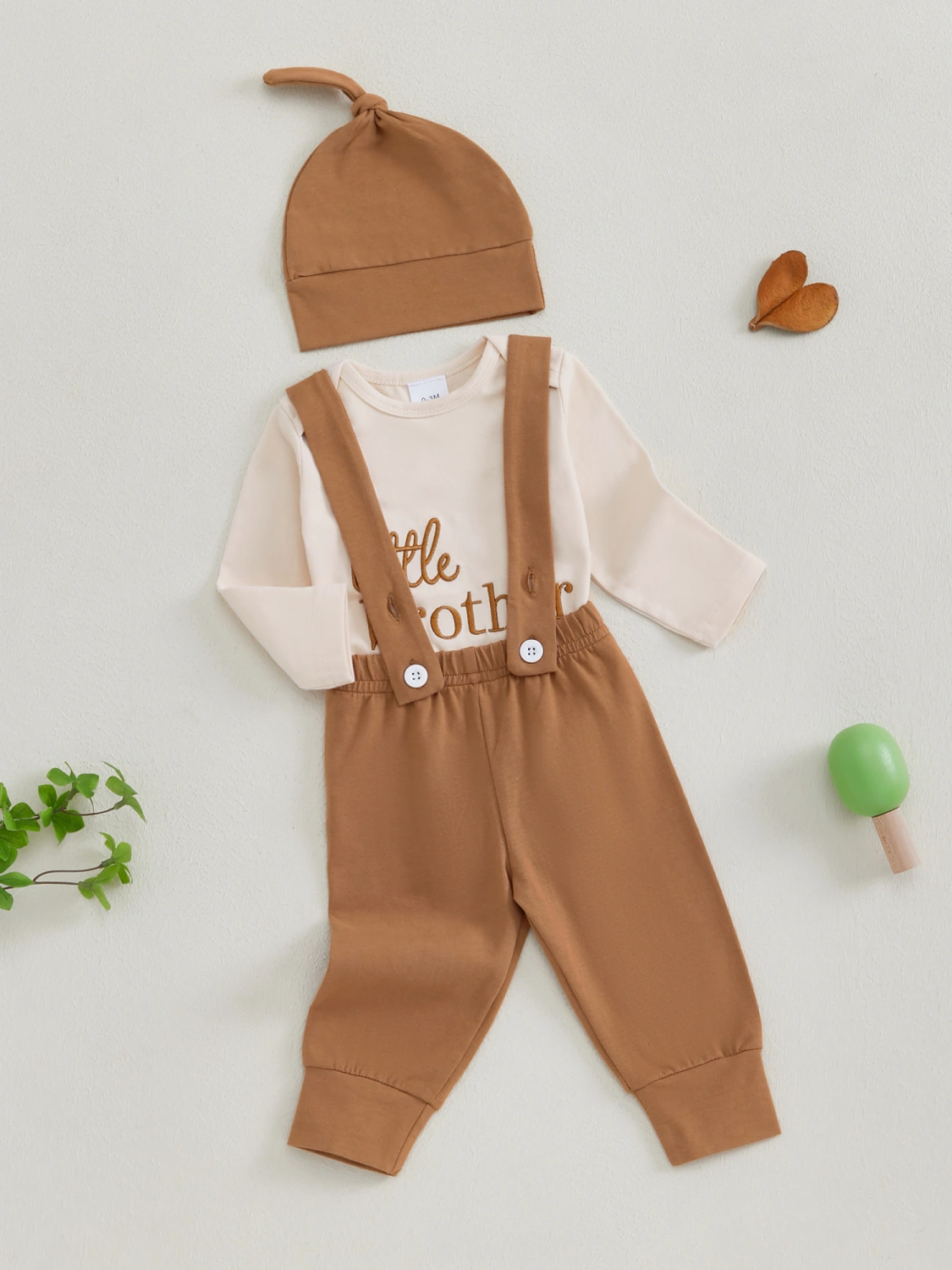 Boy 3PCS Set Letter Embroidery Romper Solid Color Suspender Pants Hat