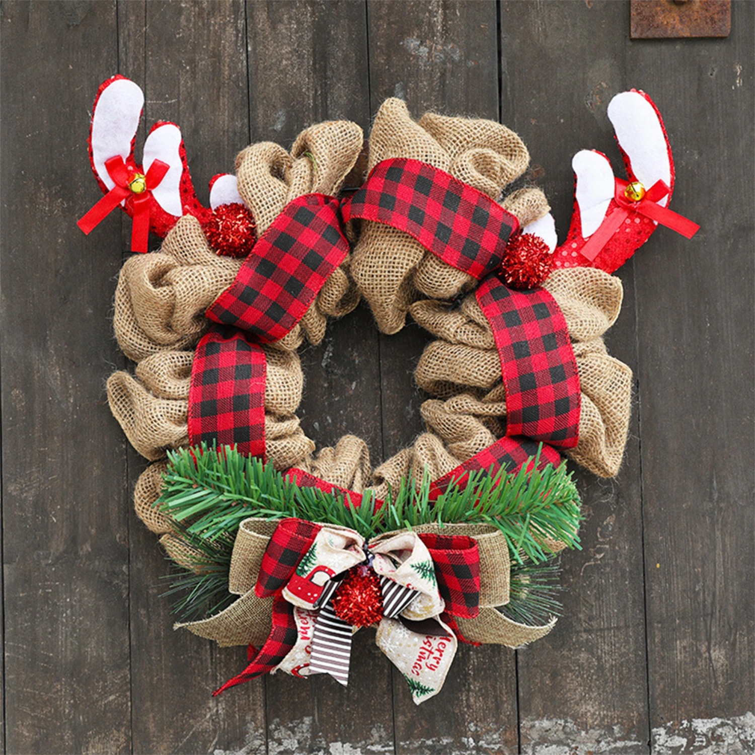 Christmas Wreath Rustic Burlap Wreath Garland with Deer Antlers 