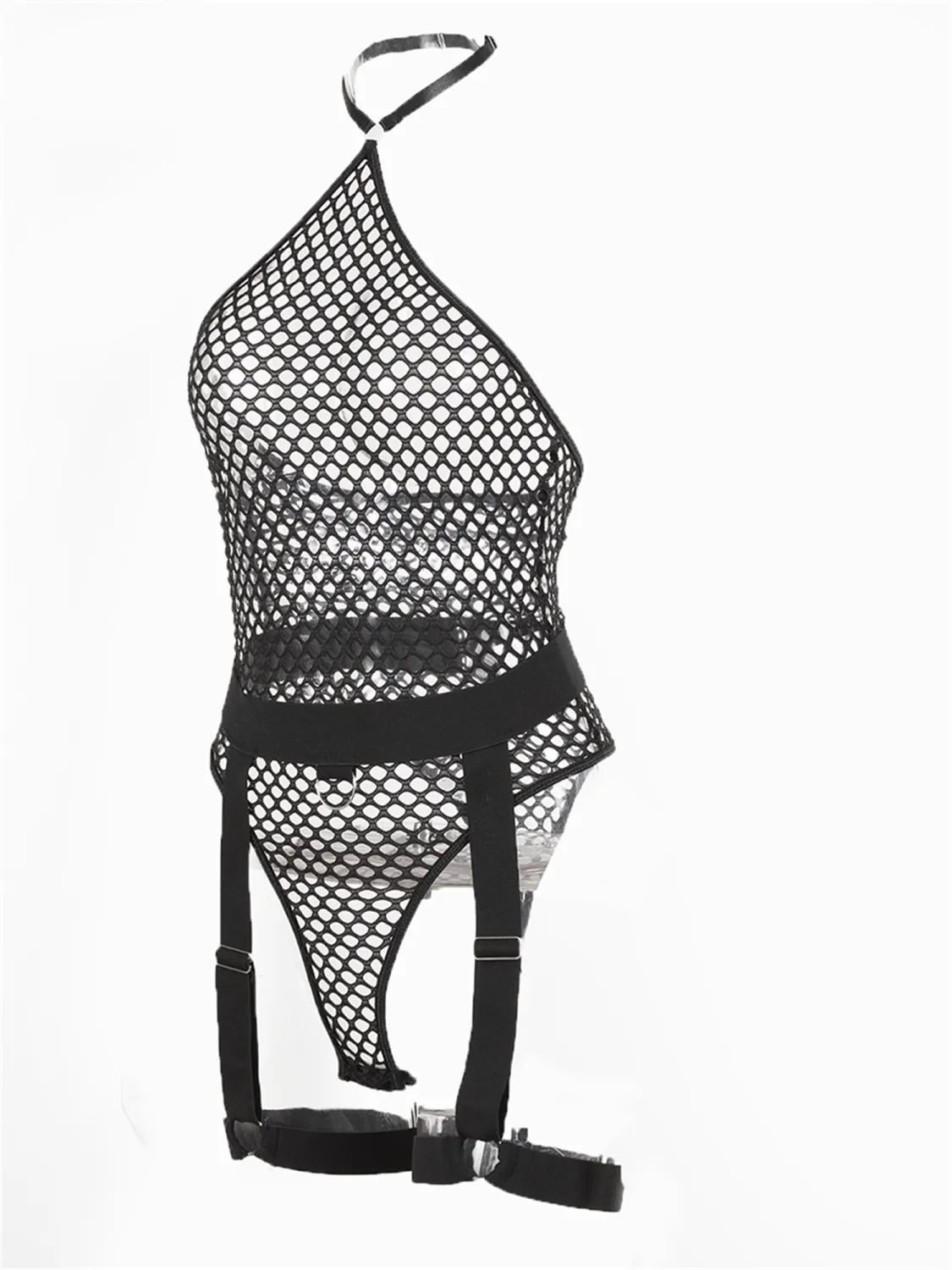 Women Sheer Fishnet Bodysuit Halter Neck Bodystocking with Thigh Ring