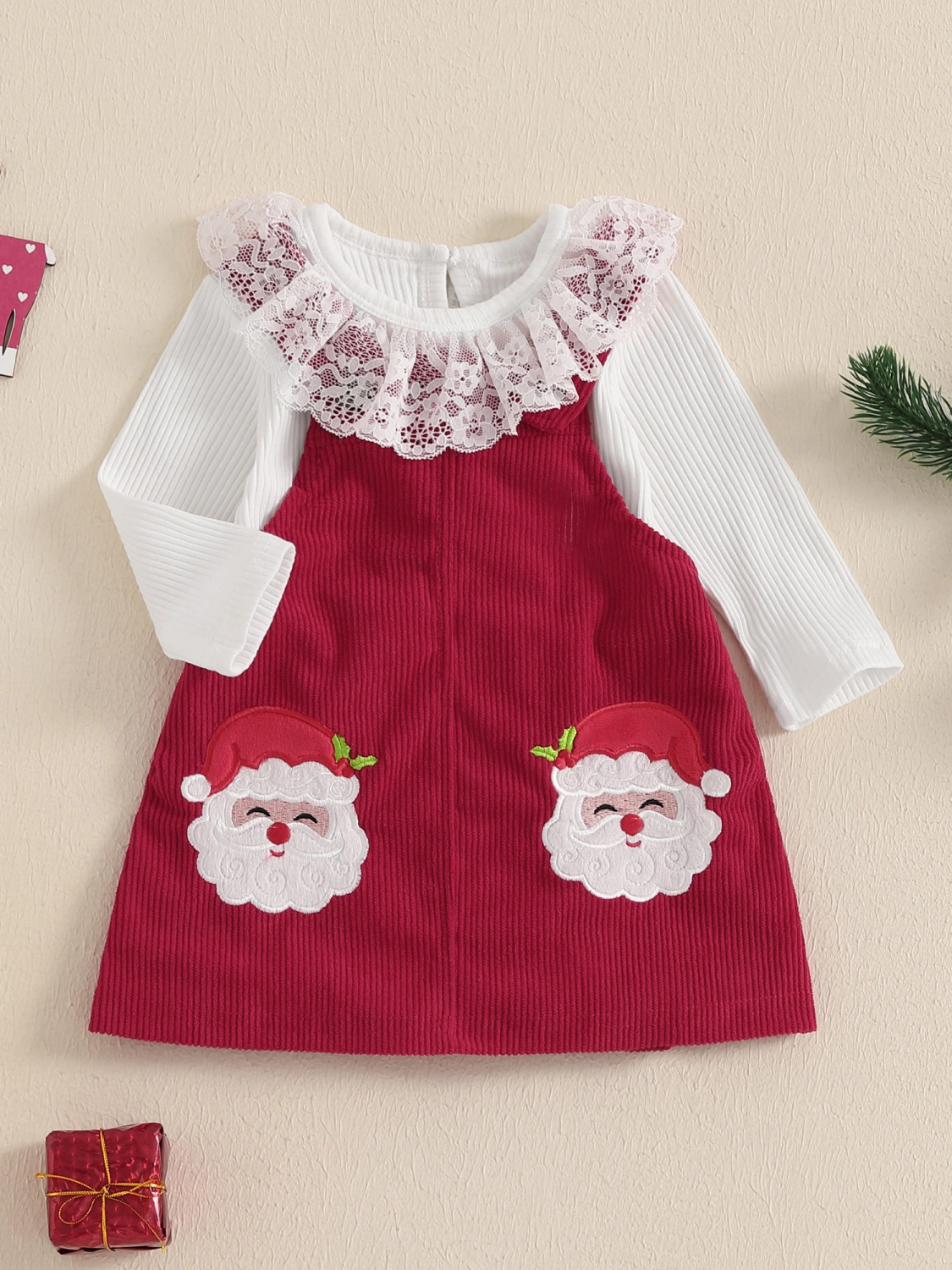 Baby Girl Christmas Outfit, Ribbed Romper Santa Claus Suspender Skirt 