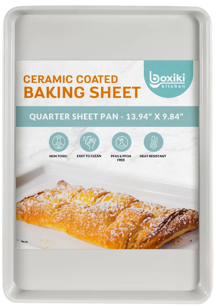 Boxiki Kitchen Non-Stick Ceramic Baking Sheet - Slick & Non-Toxic Ceramic Coating, PTFE & PFOA Free Cookie Sheet Pan - Perfect for Baking, Roasting, and More (Quarter Sheet Pan)