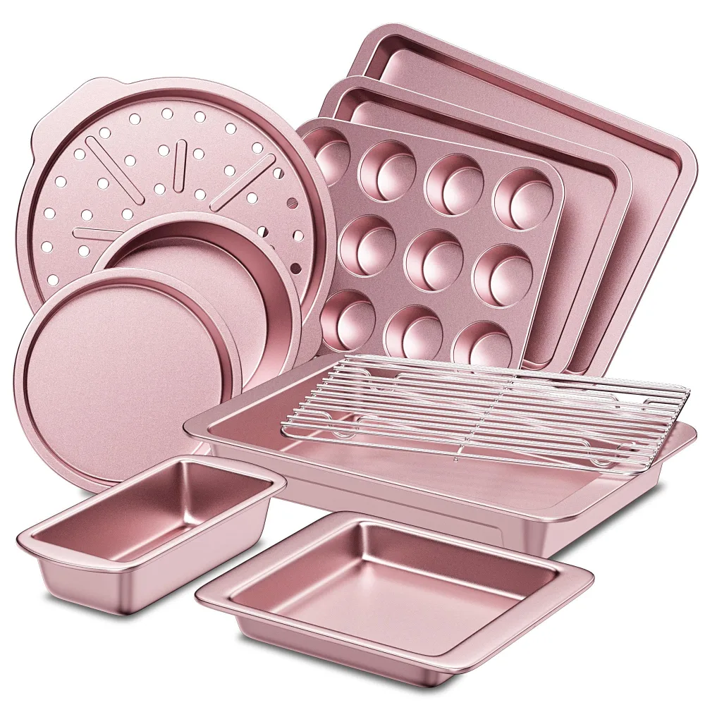 HONGBAKE Bakeware Sets, Baking Pans Set, Nonstick Oven Pan for Kitchen with Wider Grips, 10-Piece Including Rack, Cookie Sheet, Cake Pans, Loaf Pan, Muffin Pan, Pizza Pan - Pink