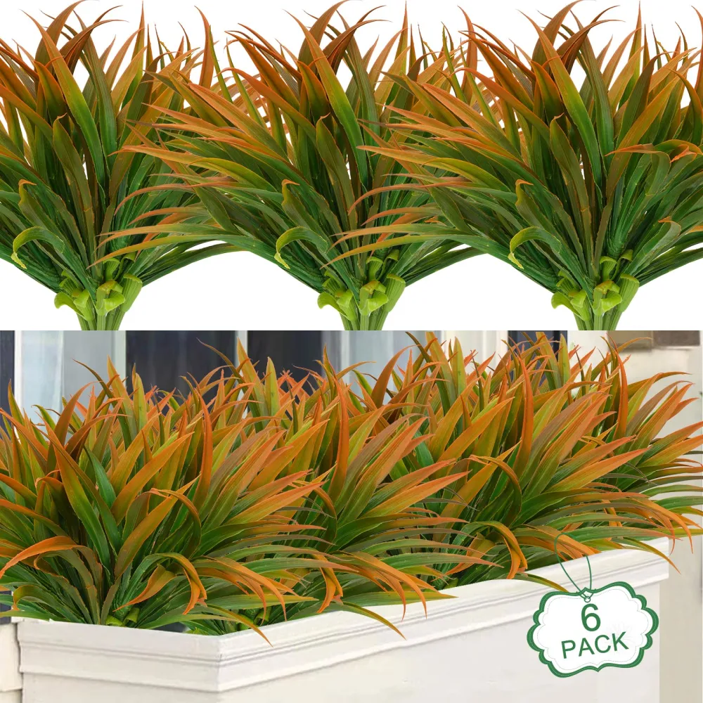 Artflower 6 Pcs Artificial Plants Outdoor, 17.3in Fake Grass Outdoor Plants UV Resistant Faux Plants Outdoor for Home Window Garden Office Patio Front Porch Decor, Yellow