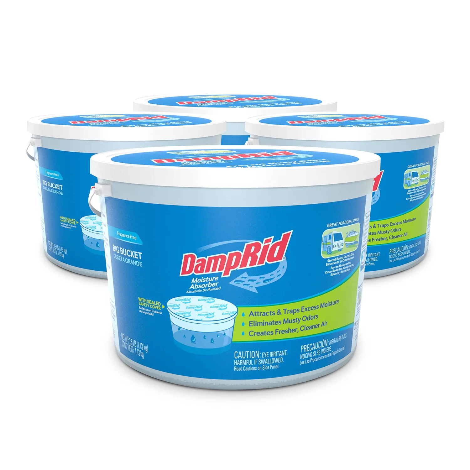 DAMPRID Fragrance Free Hi-Capacity Bucket - Moisture Absorber for Fresher, Cleaner Air in Large Spaces, Four 2.5 Pound Buckets, White